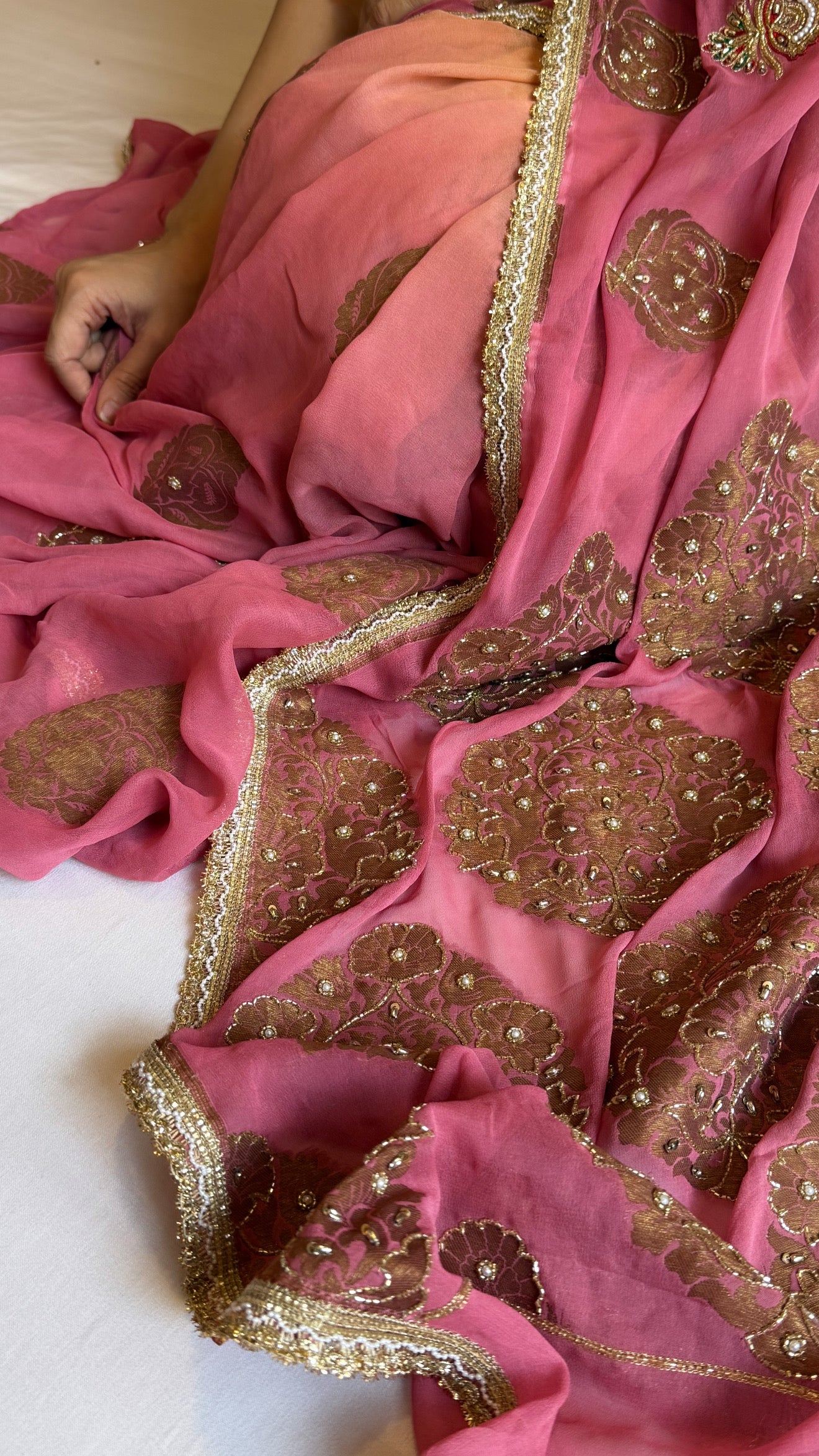 Haldi yellow and pink gorgette banarasi hand embroidered antique zari kadhwa saree