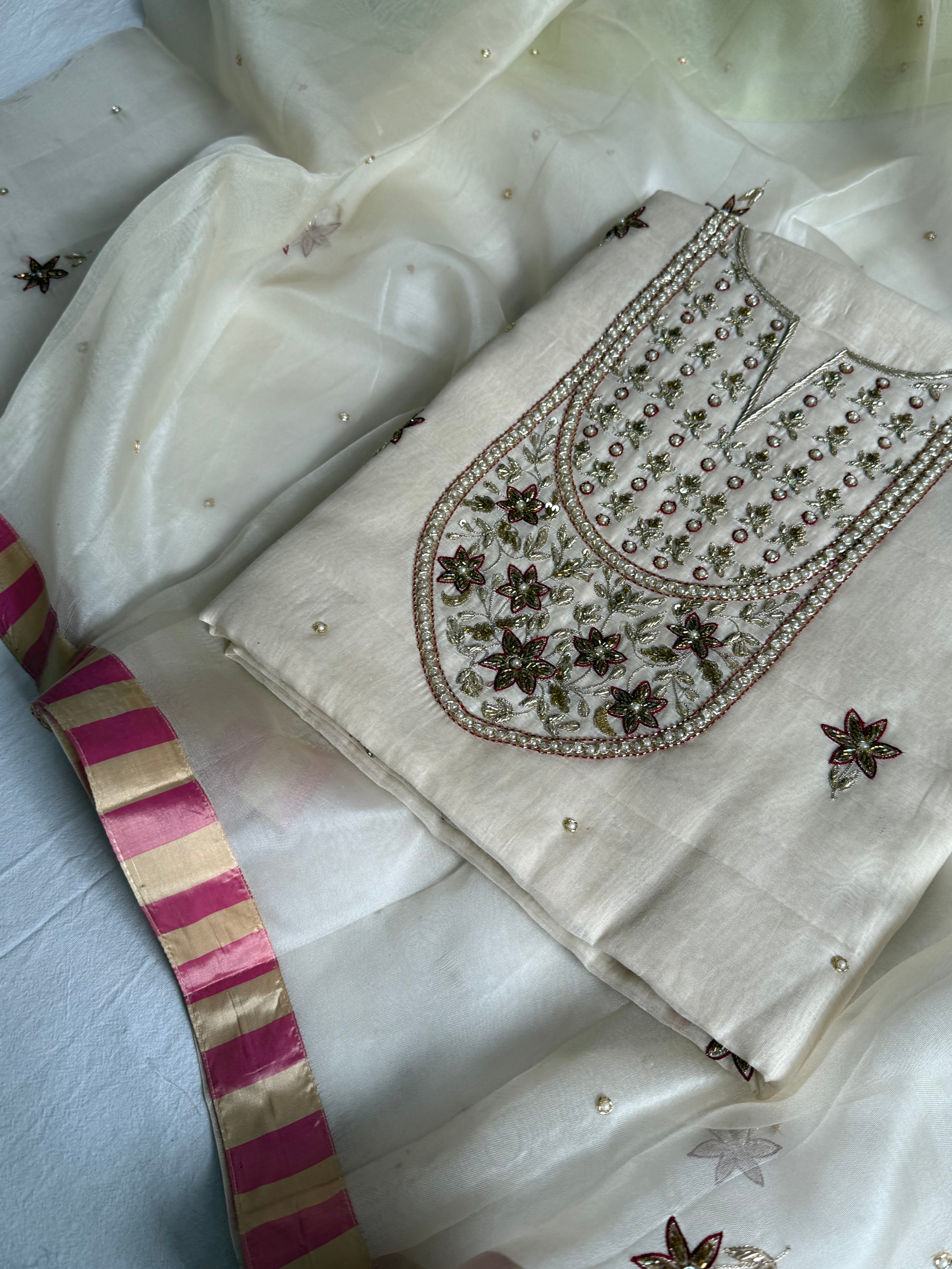 Banarasi formal wear mul cotton off white hand embroidered suit set banarasi border kora silk duppata