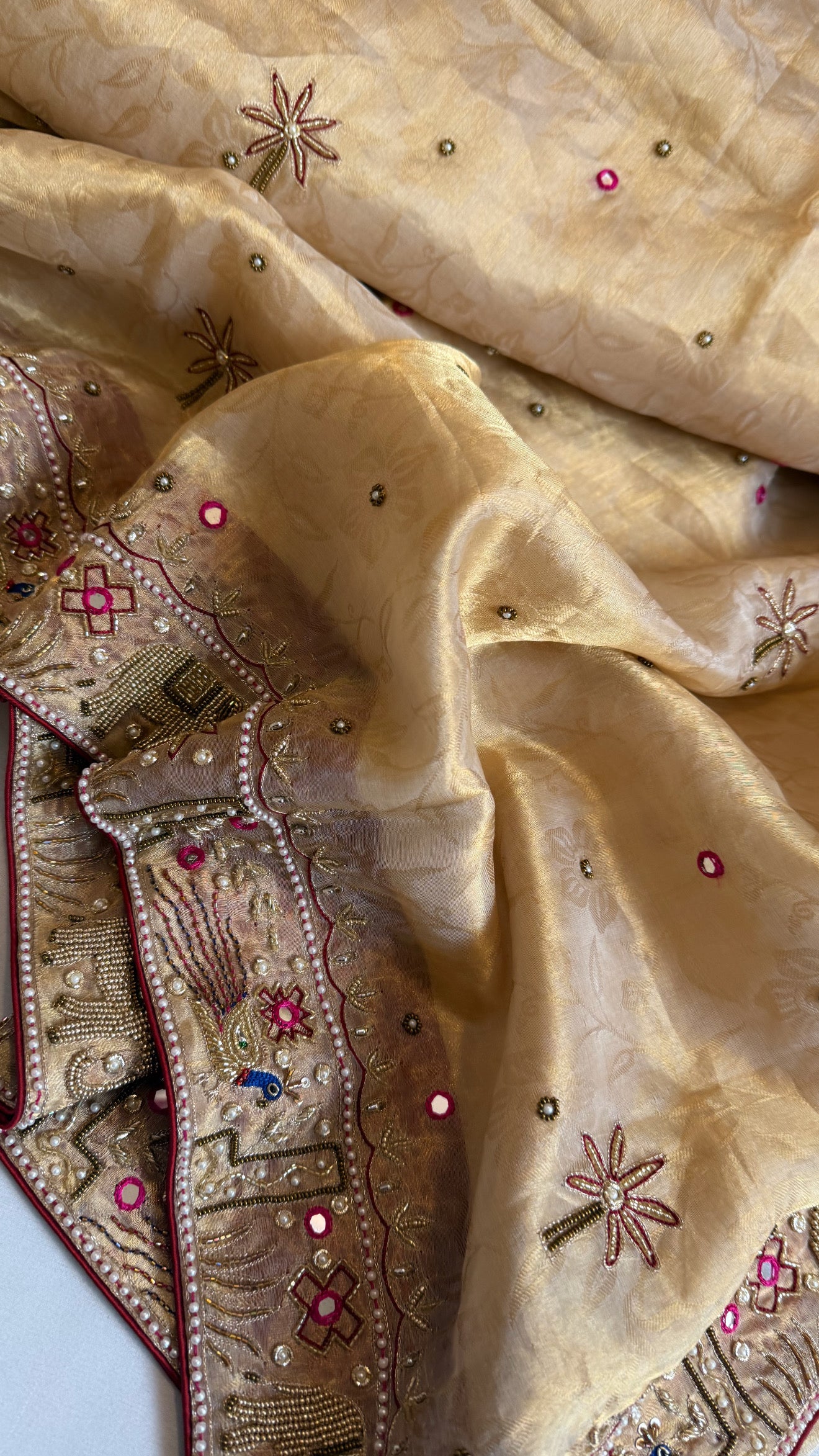 Sheeshmahal shikargah edit - Golden tissue silk hand embroidered elephant motif border kadhwa saree