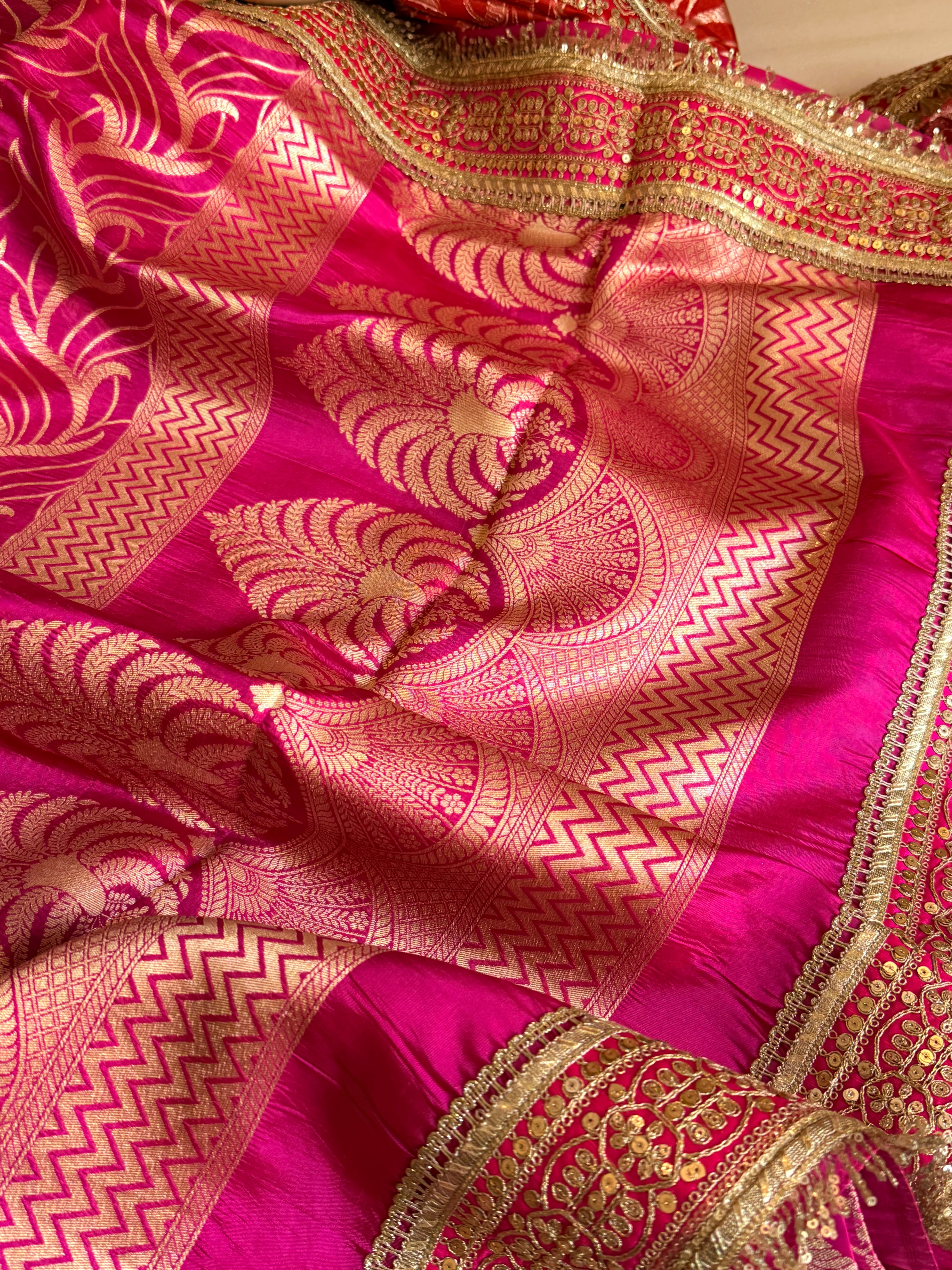 Hot pink raw mango silk abstract weaving kadhwa saree