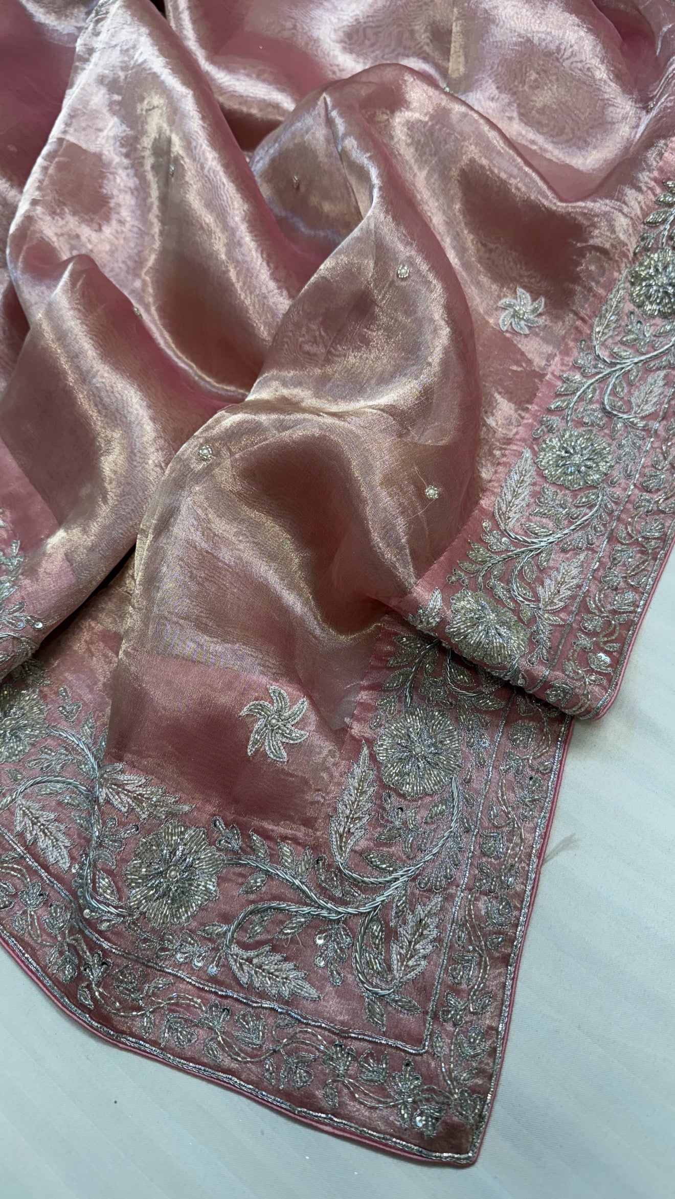 Gulab ki pankhuri husn tissue silk heavy zardozi border hand embroidered saree