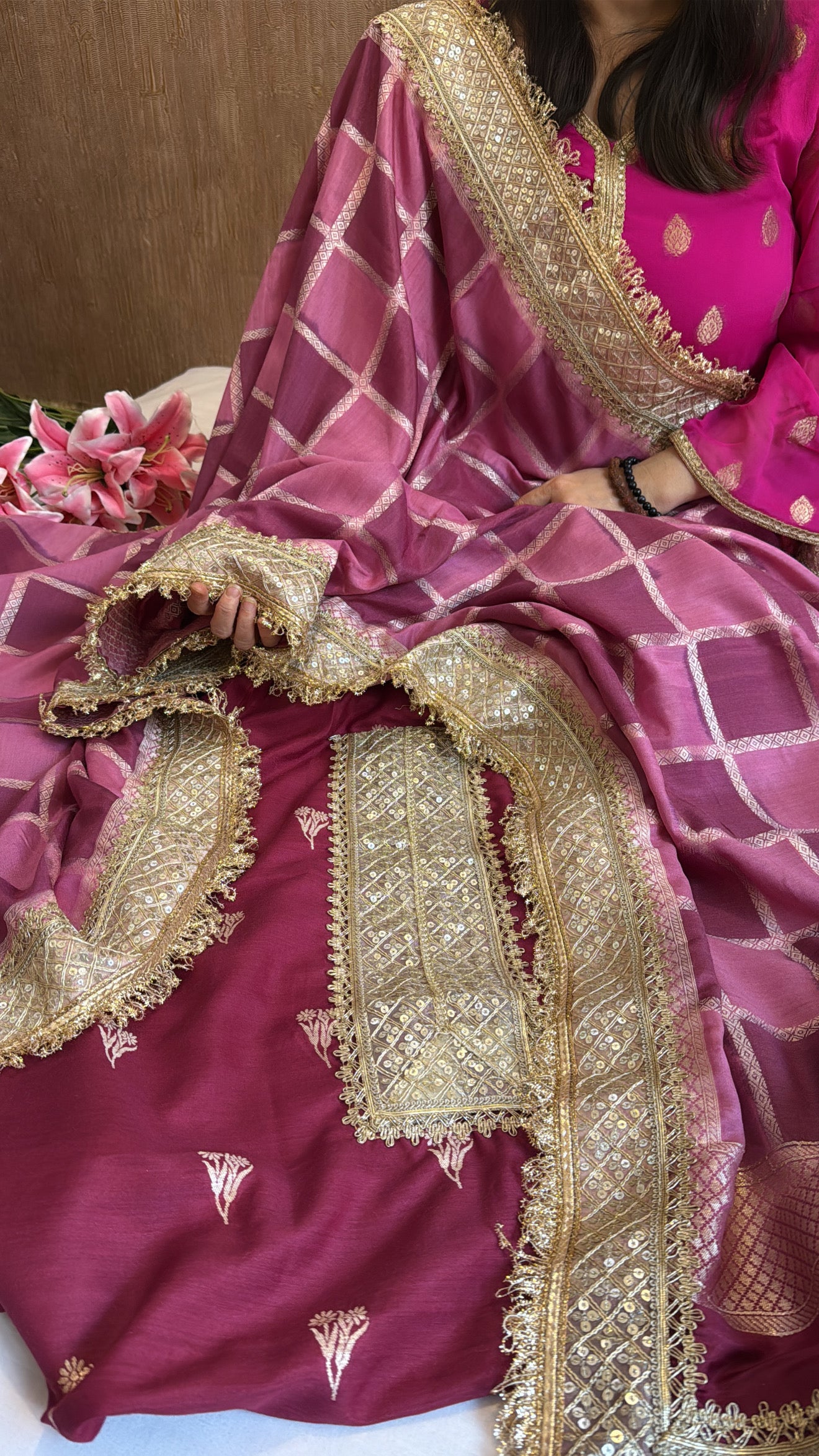 Dark plum purple rangkaat dye chaukadi weaving kadhwa silk suit set