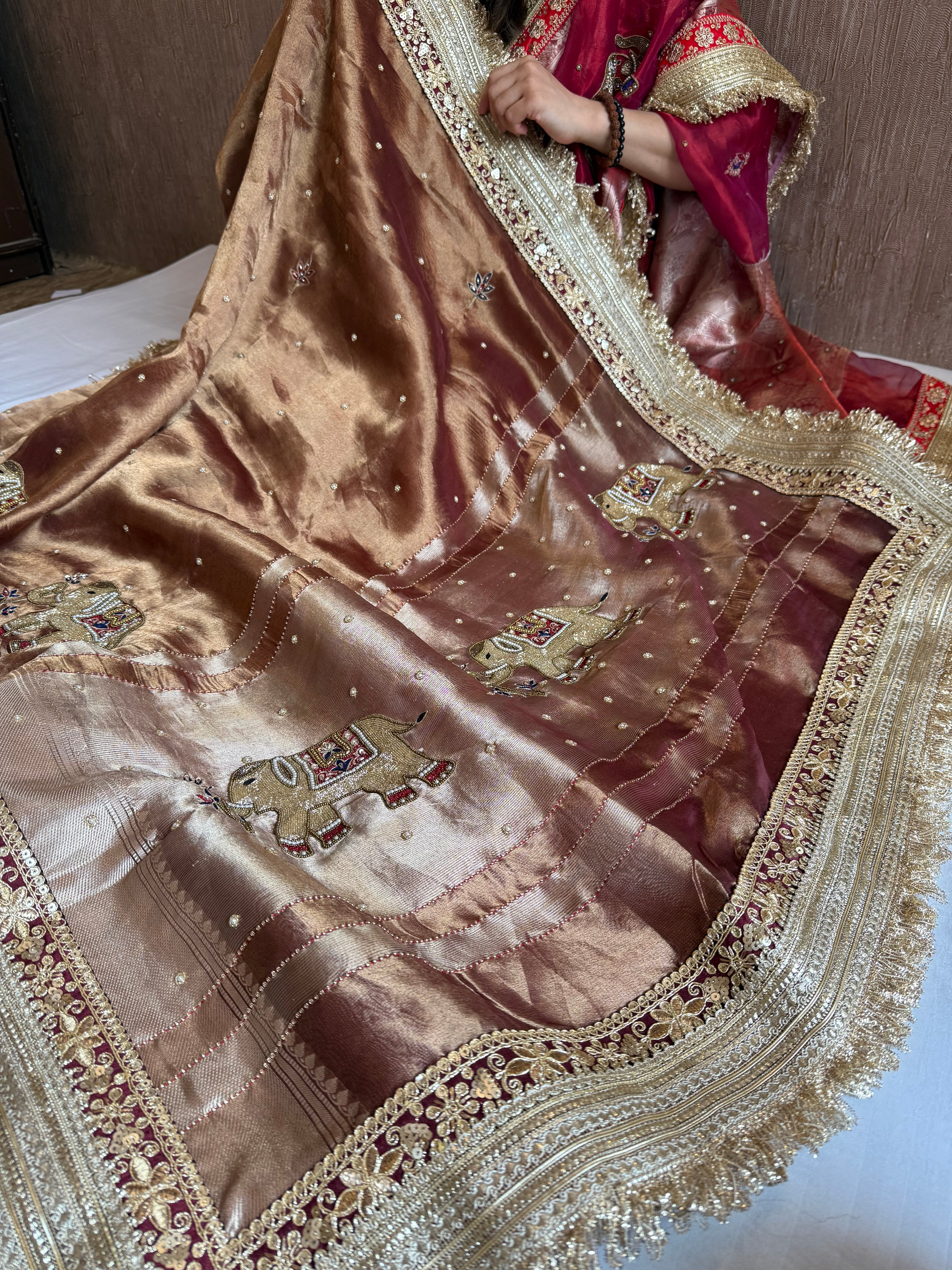 Elephant motif brown tissue silk hand embroidered husn saree