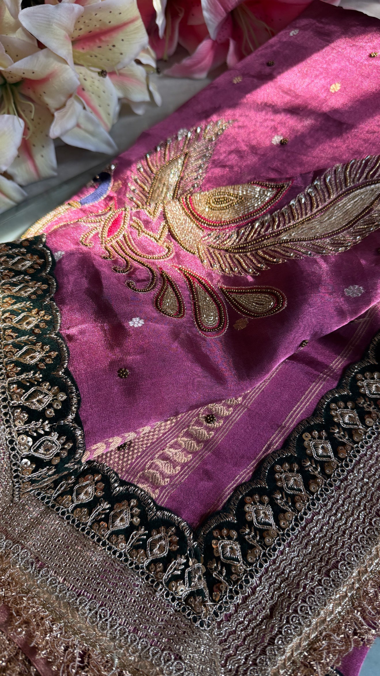 Dancing peacock motif - Magenta purple tissue silk hand embroidered saree