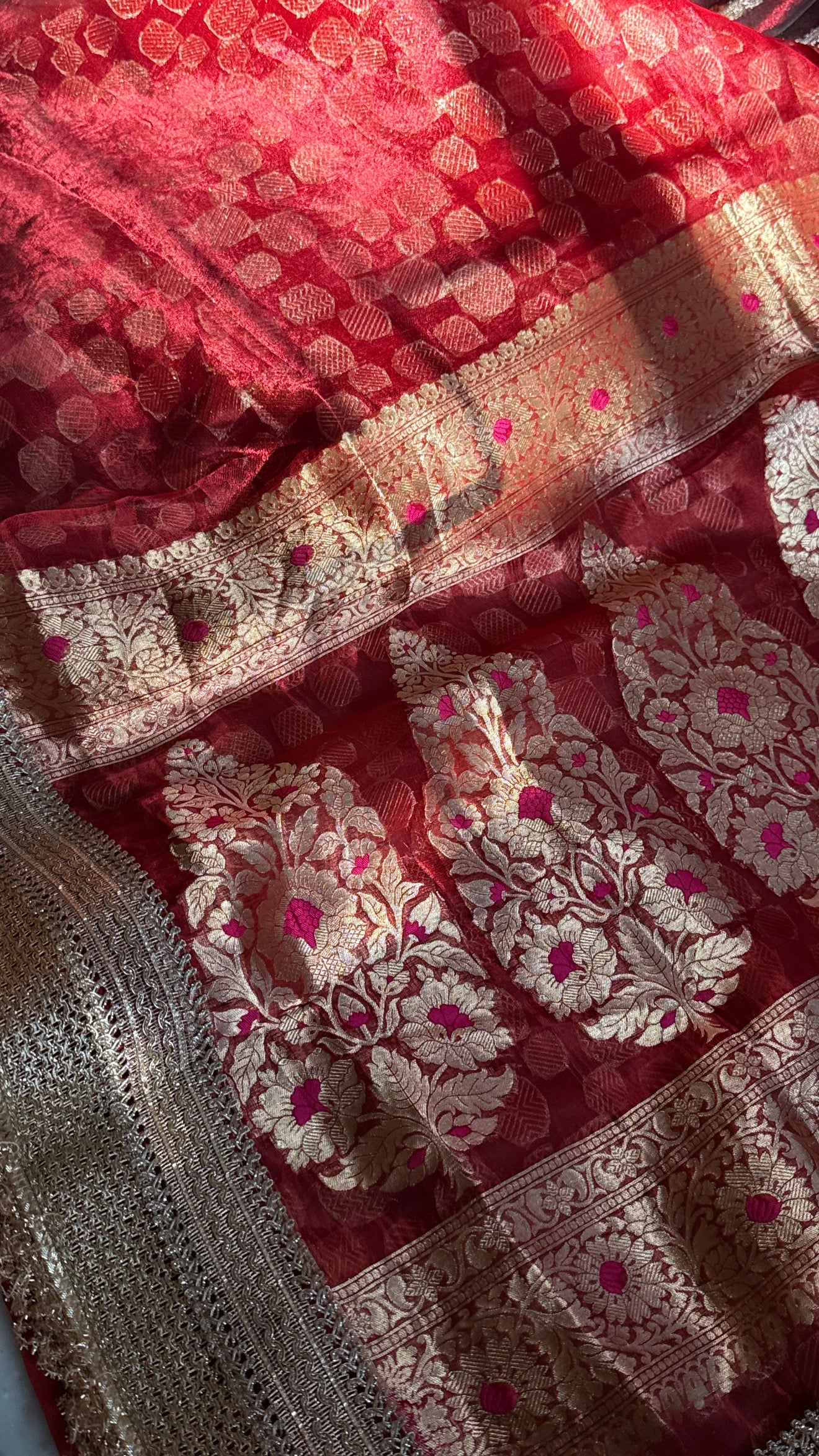 Teej special - Blood red tissue silk heavy meenakari pallu kadhwa saree