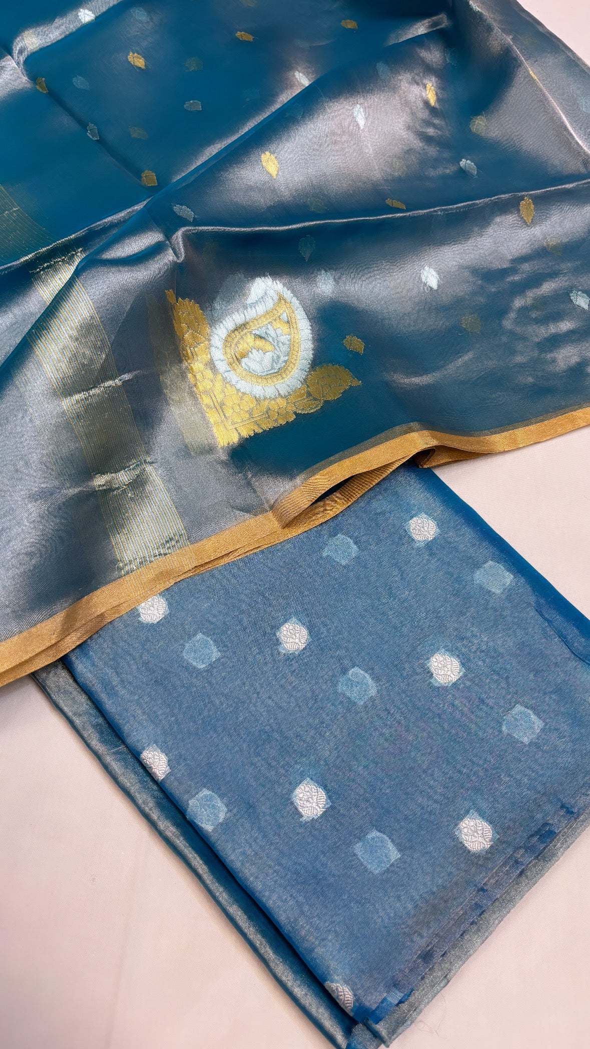 Pure banarasi aqua blue kadhwa handwoven tissue silk sona rupa kadhwa buti suit set with kohniya buti in duppata