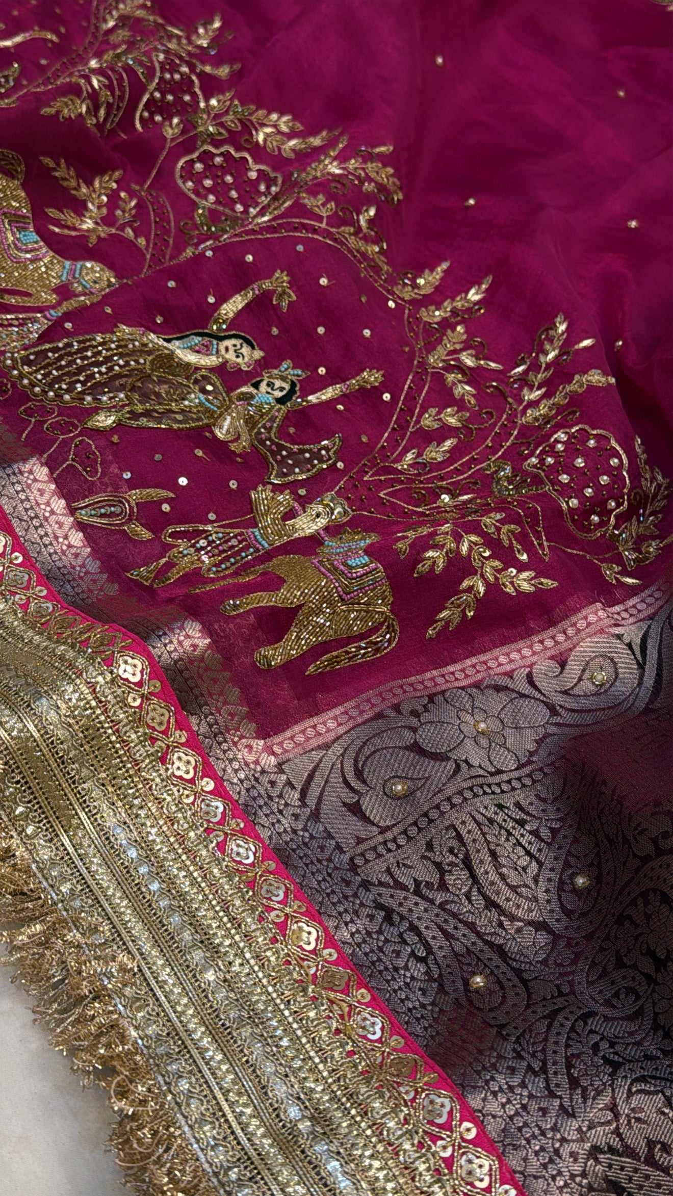 Rani pink rasleela husn hand embroidered kadhwa tissue silk saree