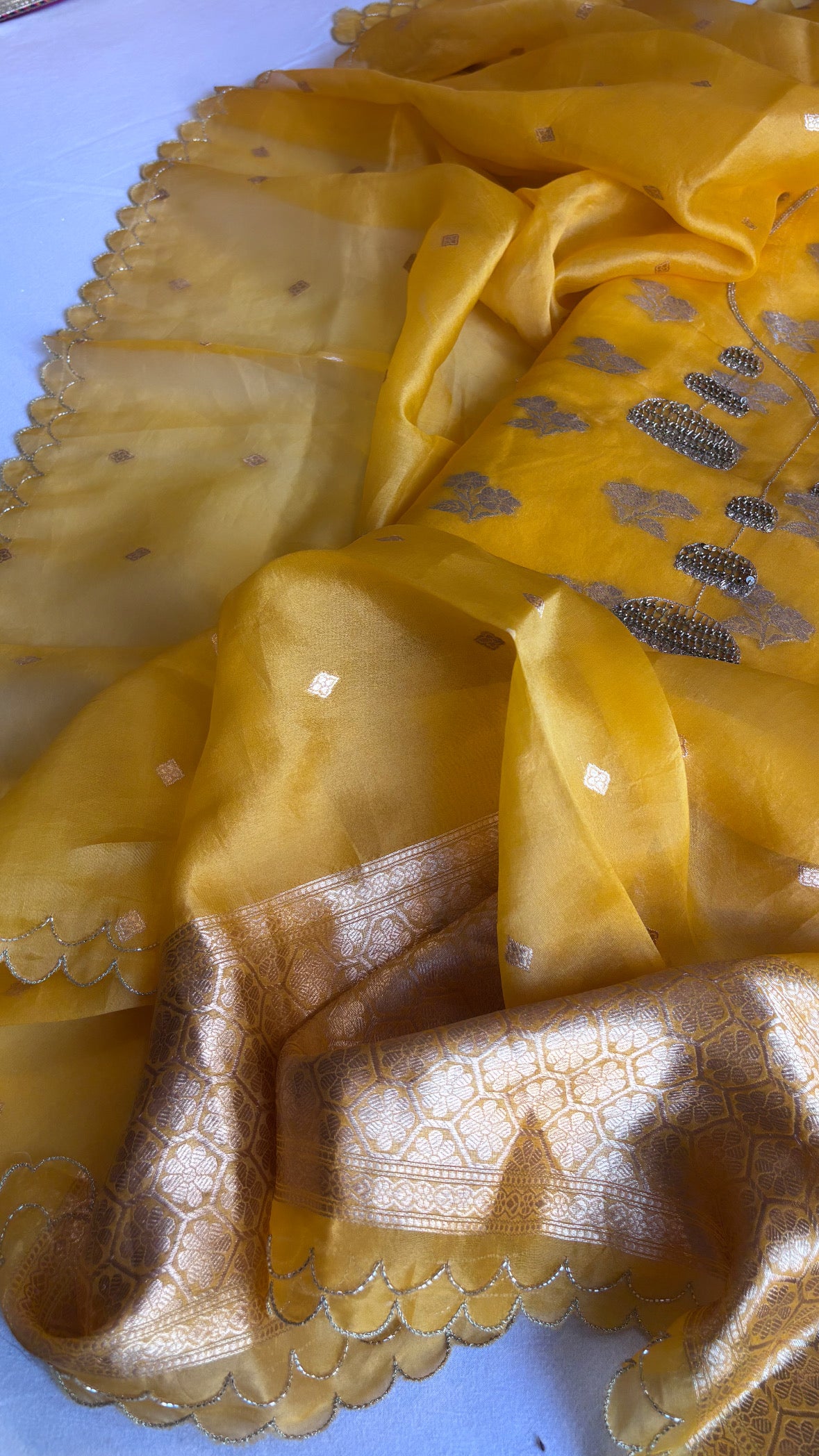 Banarasi “haldi ka din” kora silk hand embroidered kadhwa suit sets