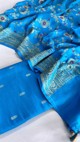 Firozi blue moonga silk meenakari jungla duppata suit set