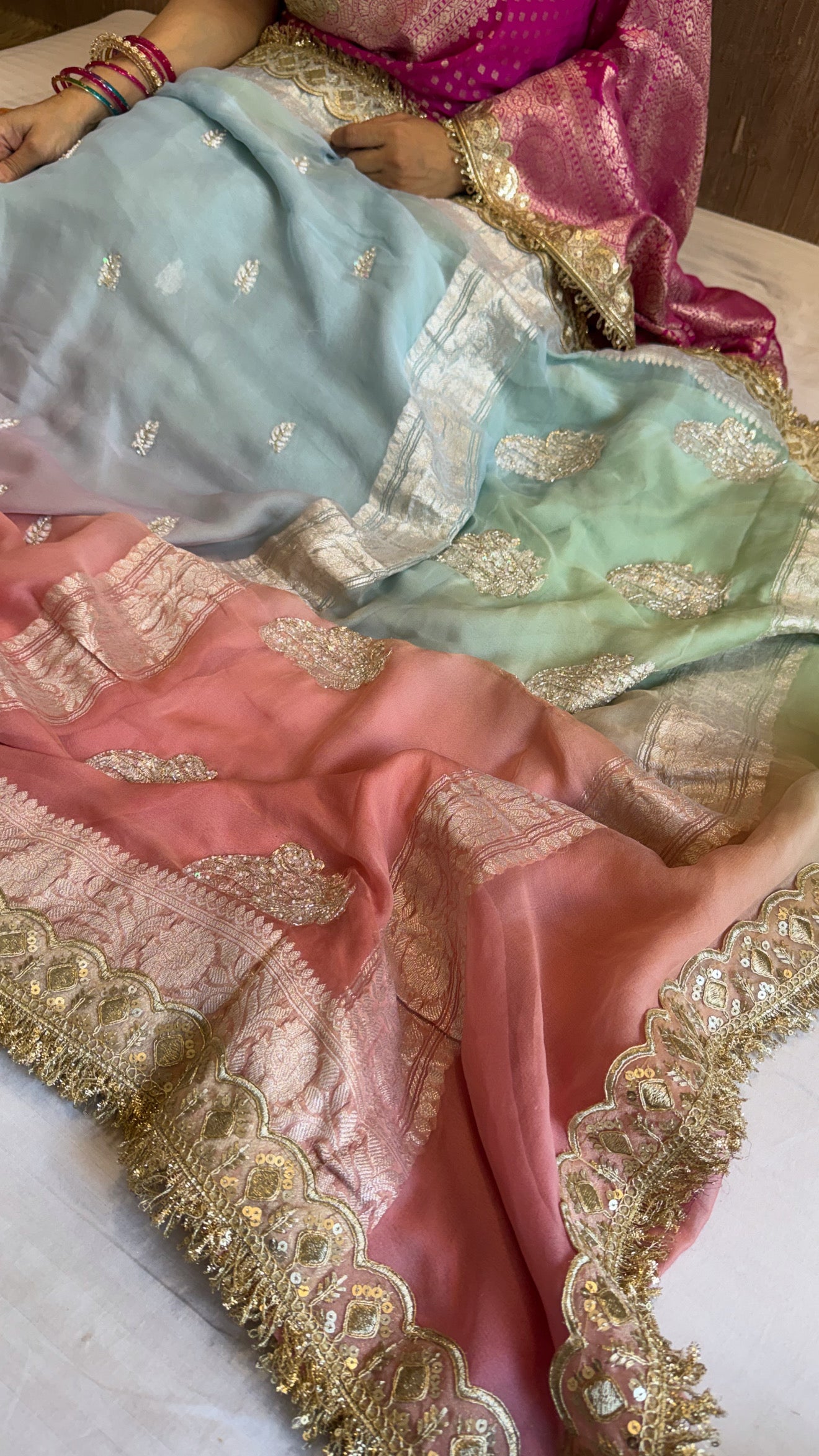 Paro banarasi chiffon gorgette hand embroidered kadhwa saree