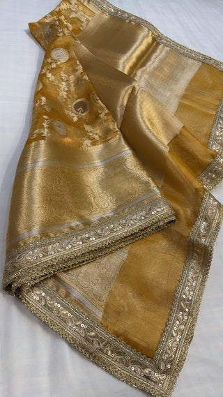 Maharani haldi yellow tissue silk kadhwa jungla saree