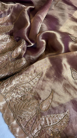 Husn dusty lavender tissue silk heavy hand embroidered saree
