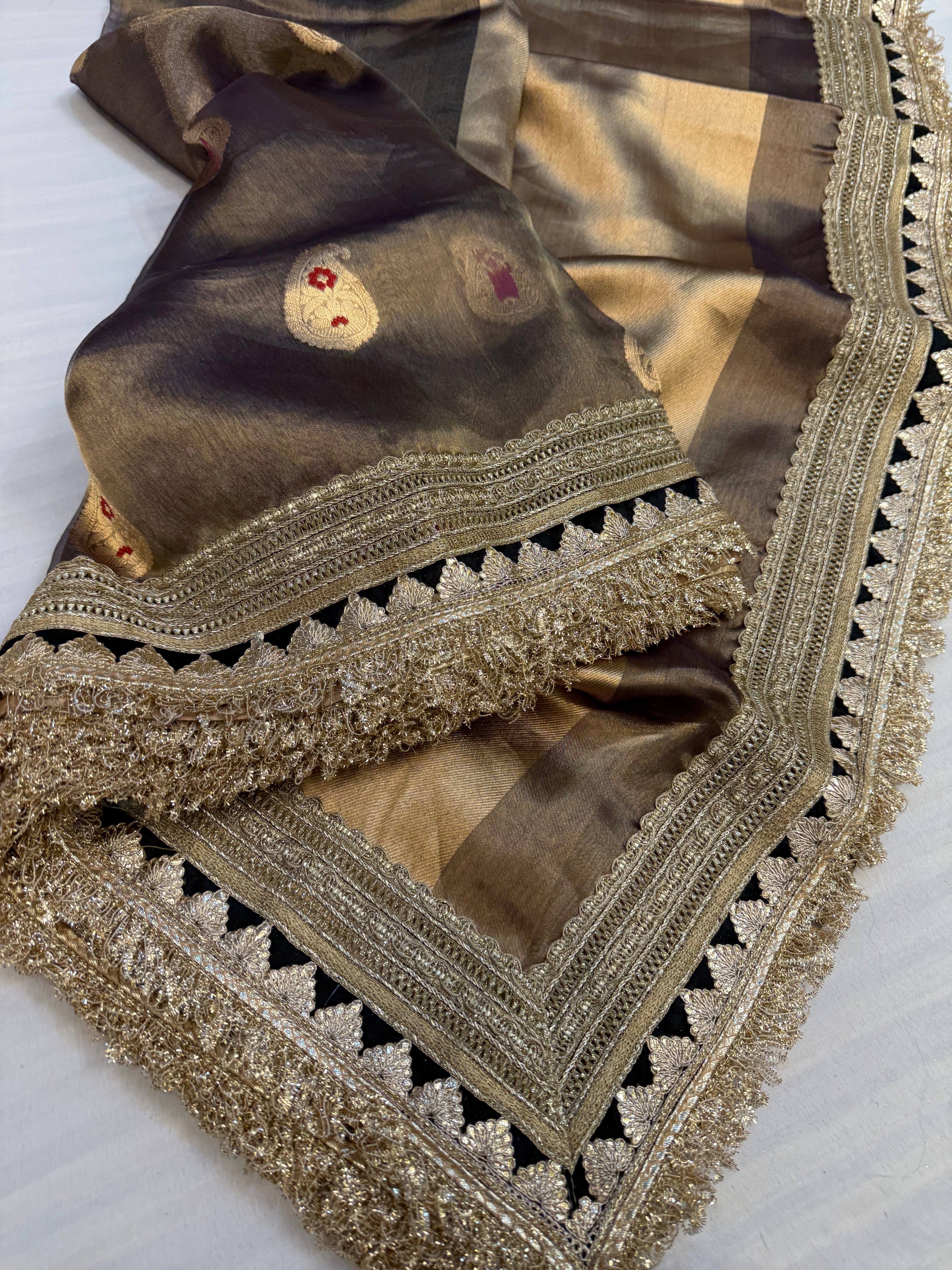 English grey tissue silk meenakari kadhwa buti saree