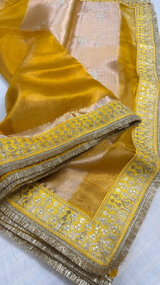 Mustard gold maharani tissue silk meenakari border saree