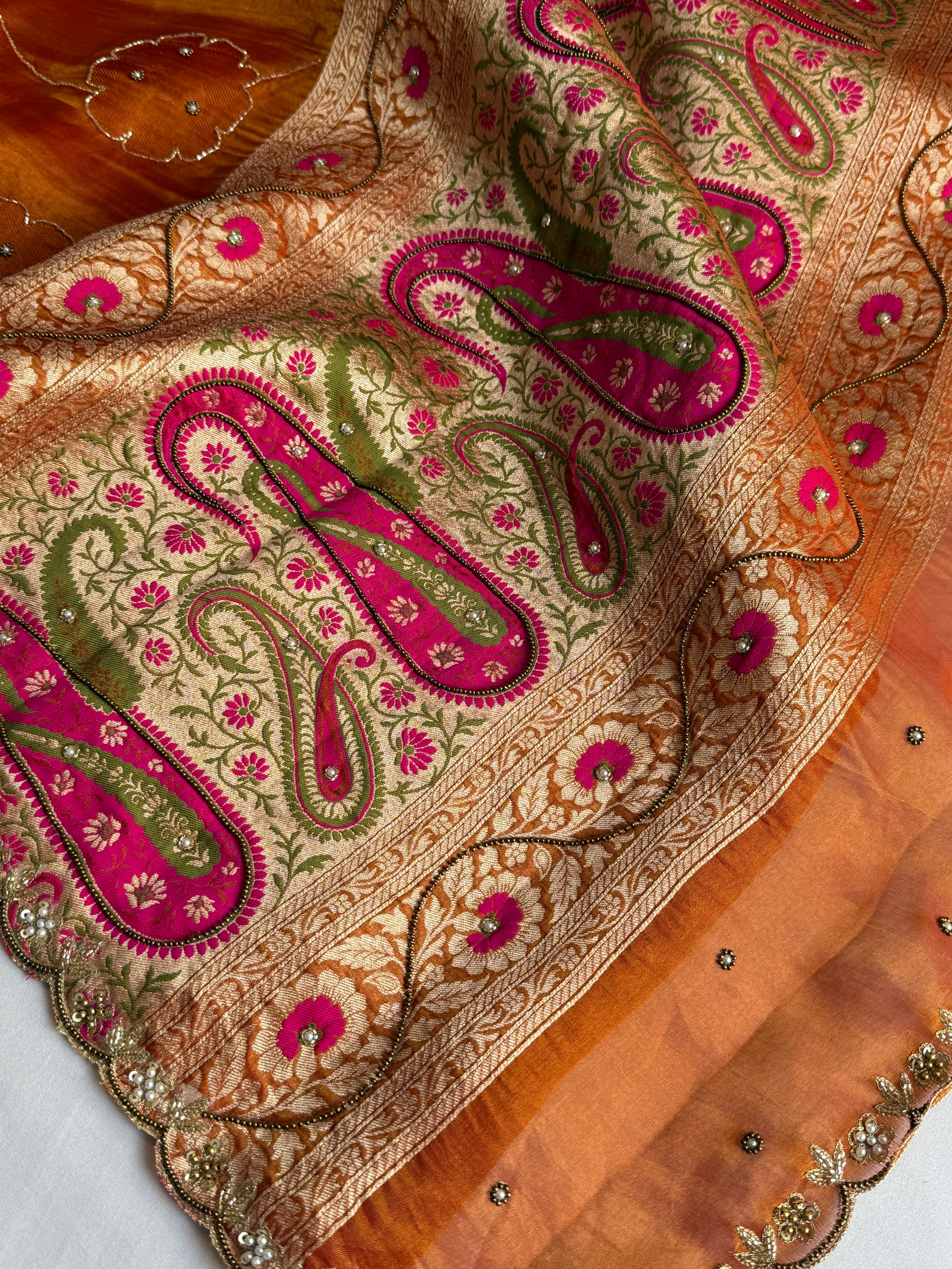 Fanta orange tissue tanchoi meenakari jamevar pallu hand embroidered saree