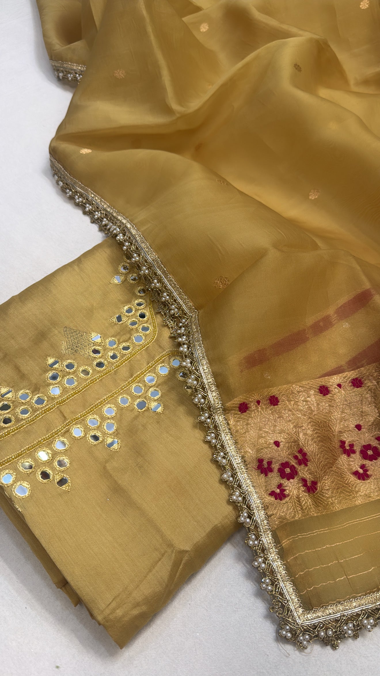 Olive gold chiniya silk kadhwa kurta paired with kora silk duppata set