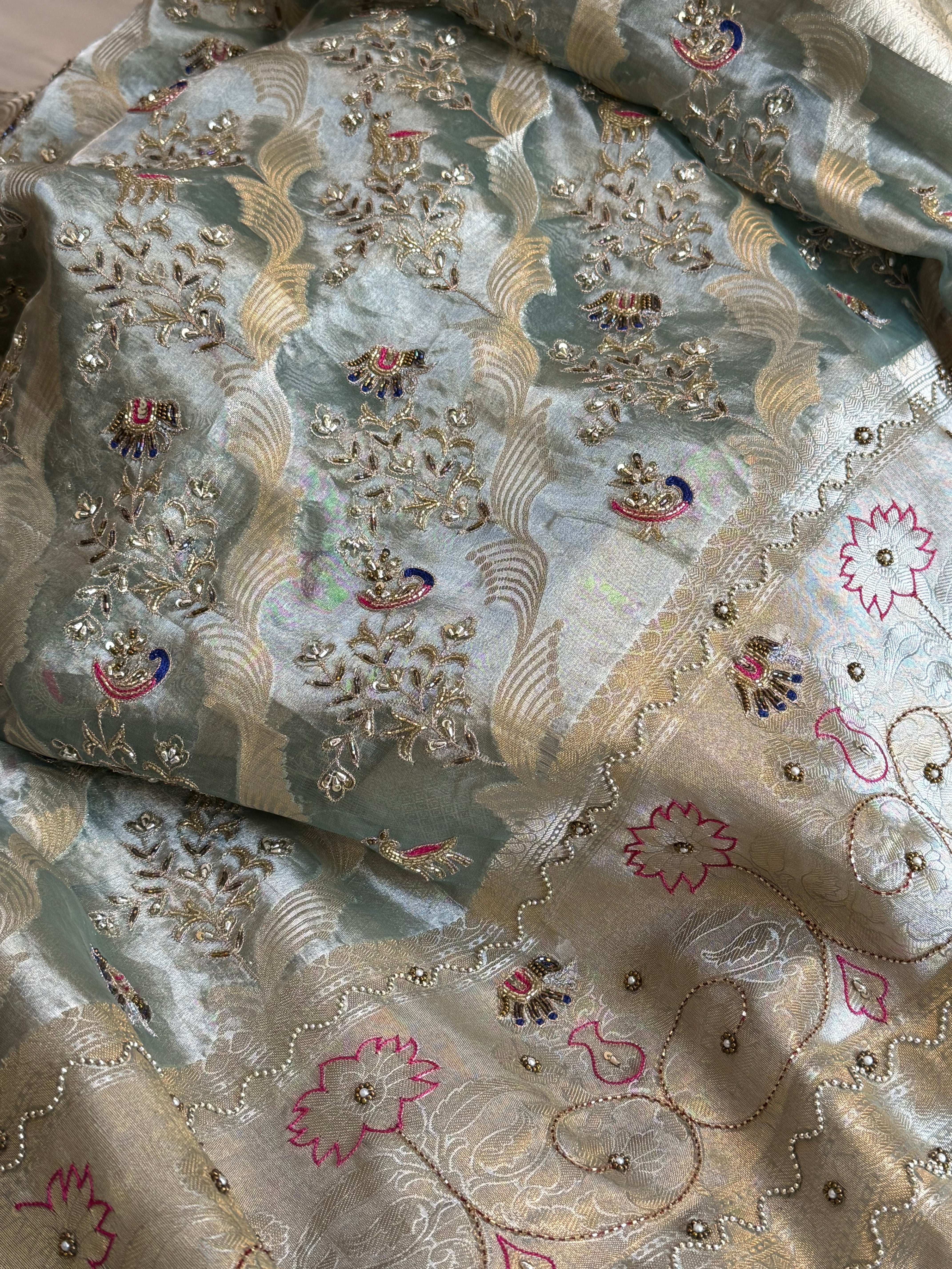 Nayi suhagan edit - Ice water blue tissue silk zardozi and marodi work hand embroidered jaal work saree