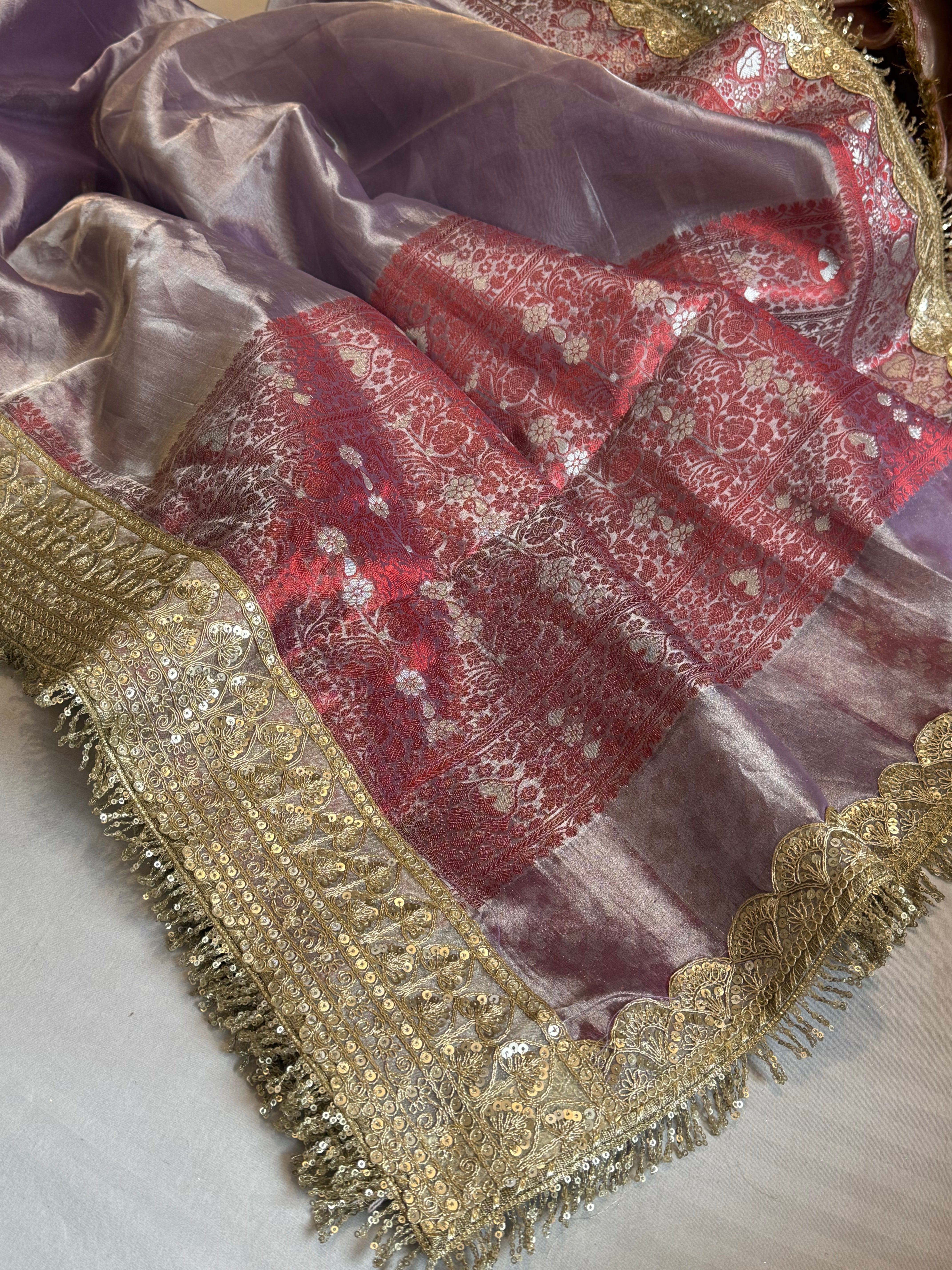 Maharani dreamy lavender tissue silk kadhwa meenakari saree