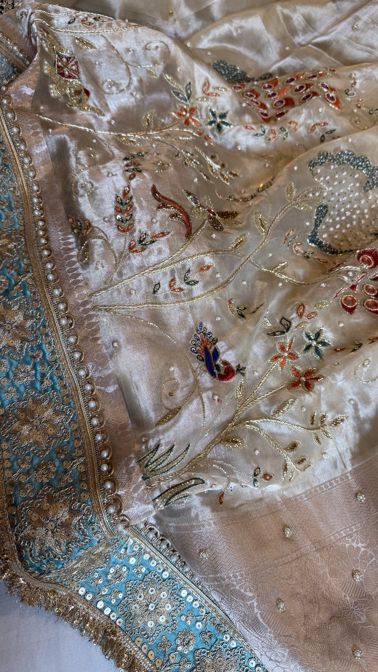 Kutchi inspired “sheesham edit” mirror work and meenakari hand embroidered saree