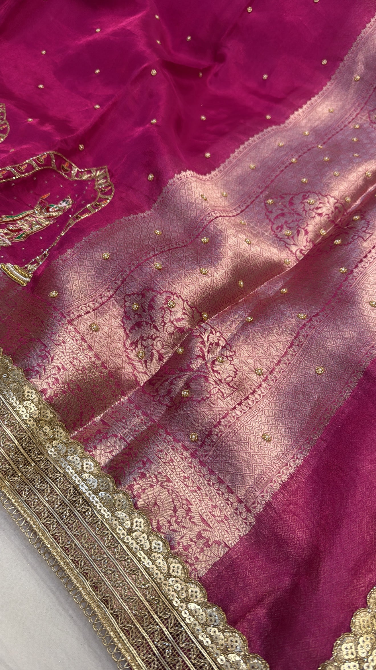 Fuchsia pink husn tissue silk hand embroidered kadhwa saree