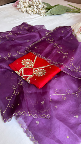 Husn red-purple shade kora silk hand embroidered suit set