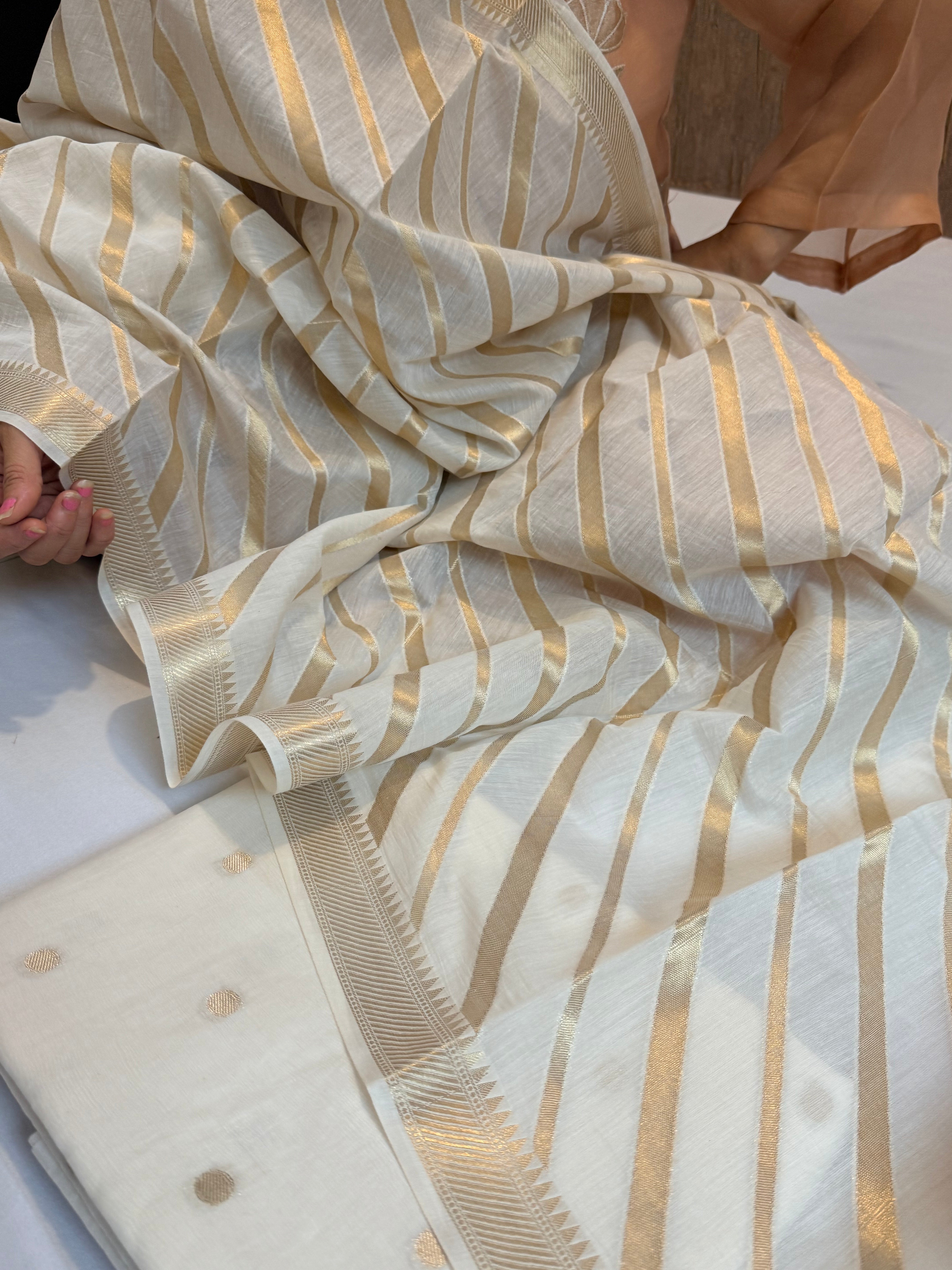 BELOW 8K - Ivory zari cotton striped kadhwa buti banarasi suit set