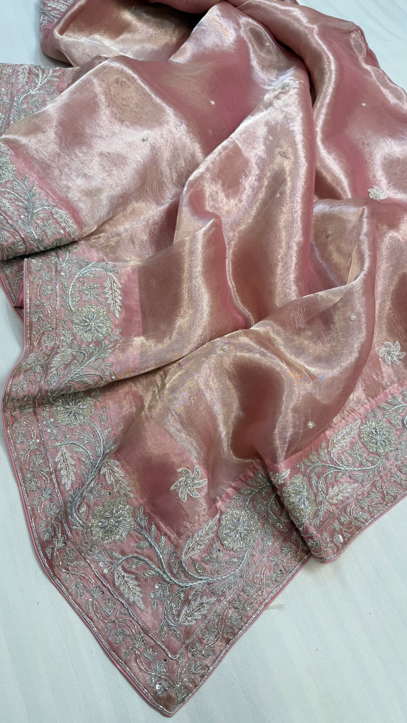 Gulab ki pankhuri husn tissue silk heavy zardozi border hand embroidered saree