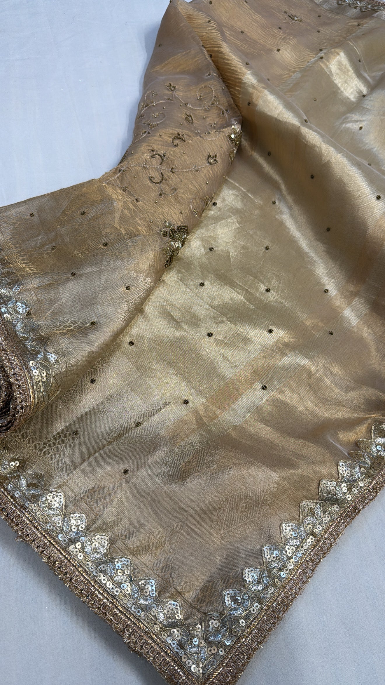 Golden husn tissue silk hand embroidered kadhwa saree with gotapatti work