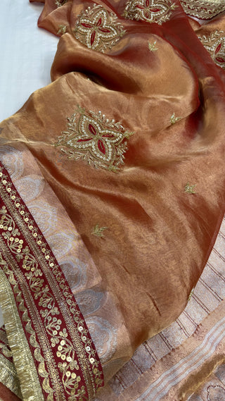 Cocktail edit sarees - Red tissue silk heavy hand embroidered saree