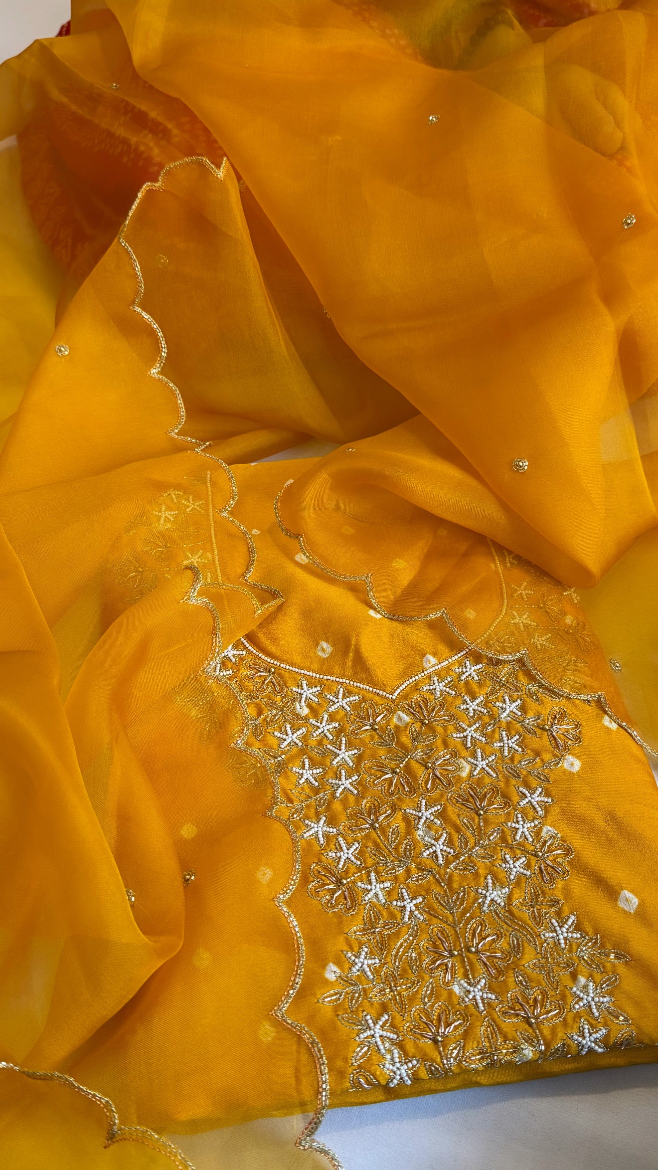 Haldi yellow raw mango bandhej hand embroidered kadhwa suit set