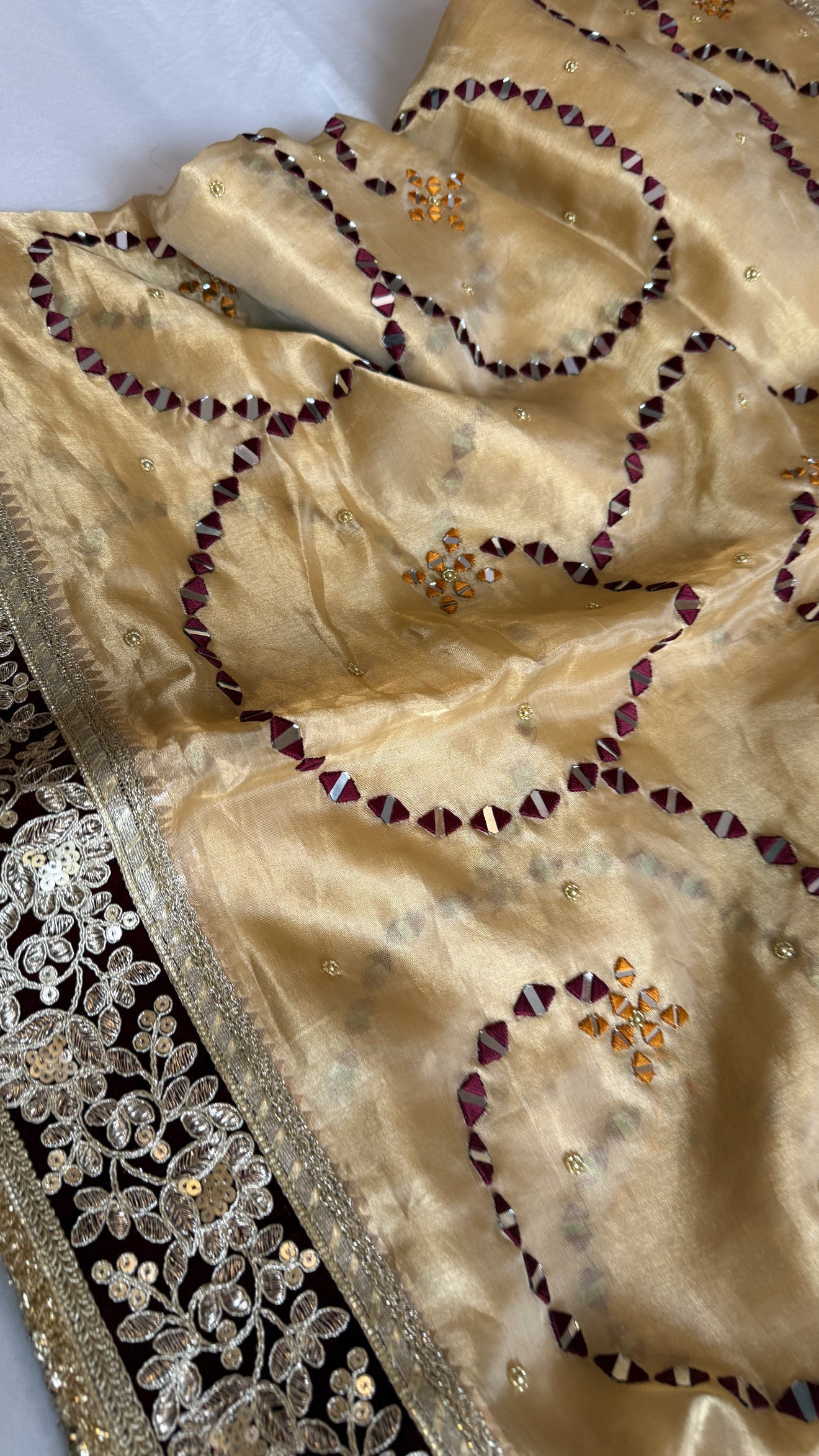 Sheesham edit - Heavy double tissue silk mirror work hand embroidered saree
