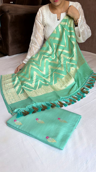 Sea green moonga silk meenedar kadhwa chevron duppata suit set