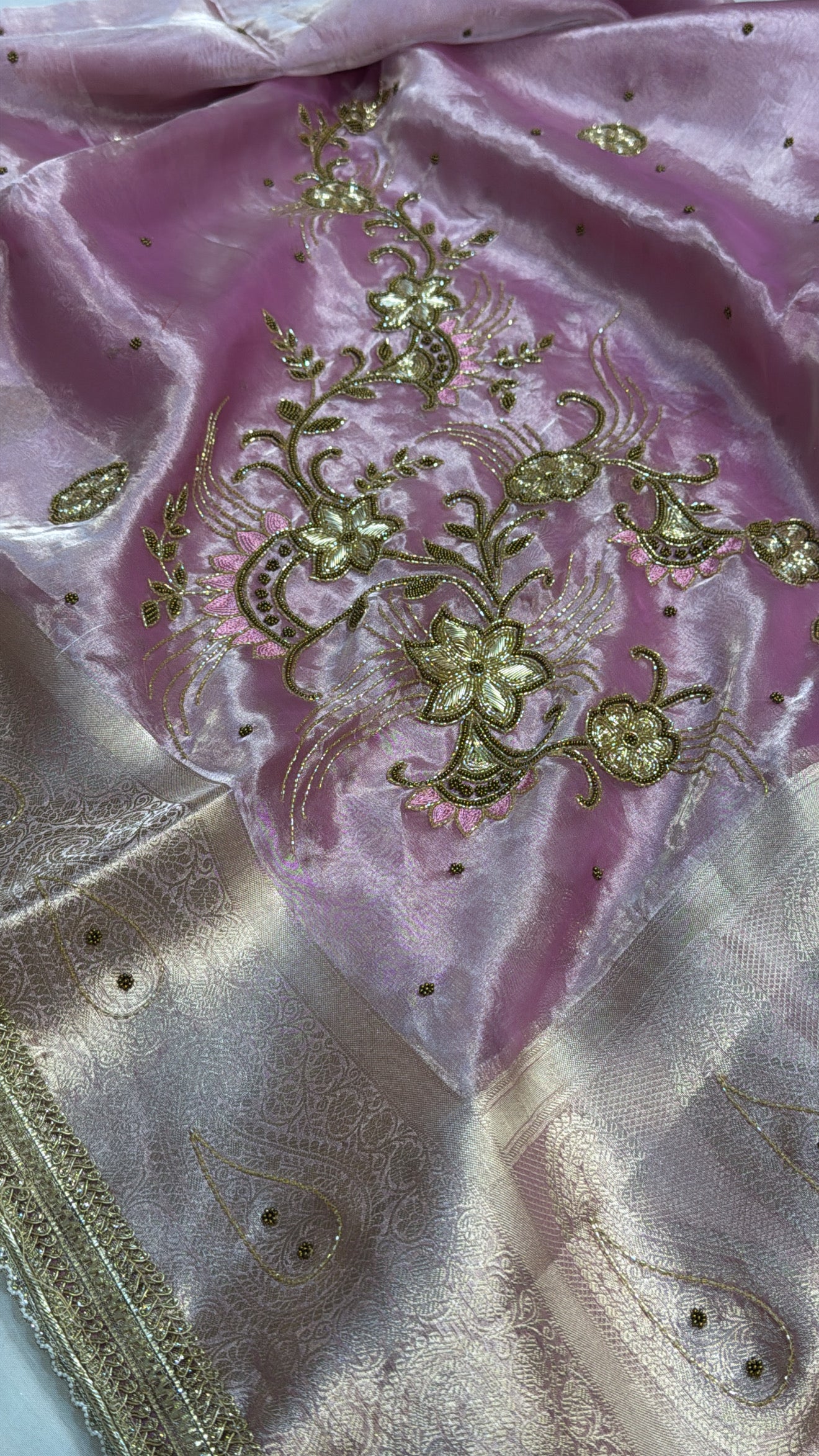 Blush metallic pink tissue silk hand embroidered kadhwa saree