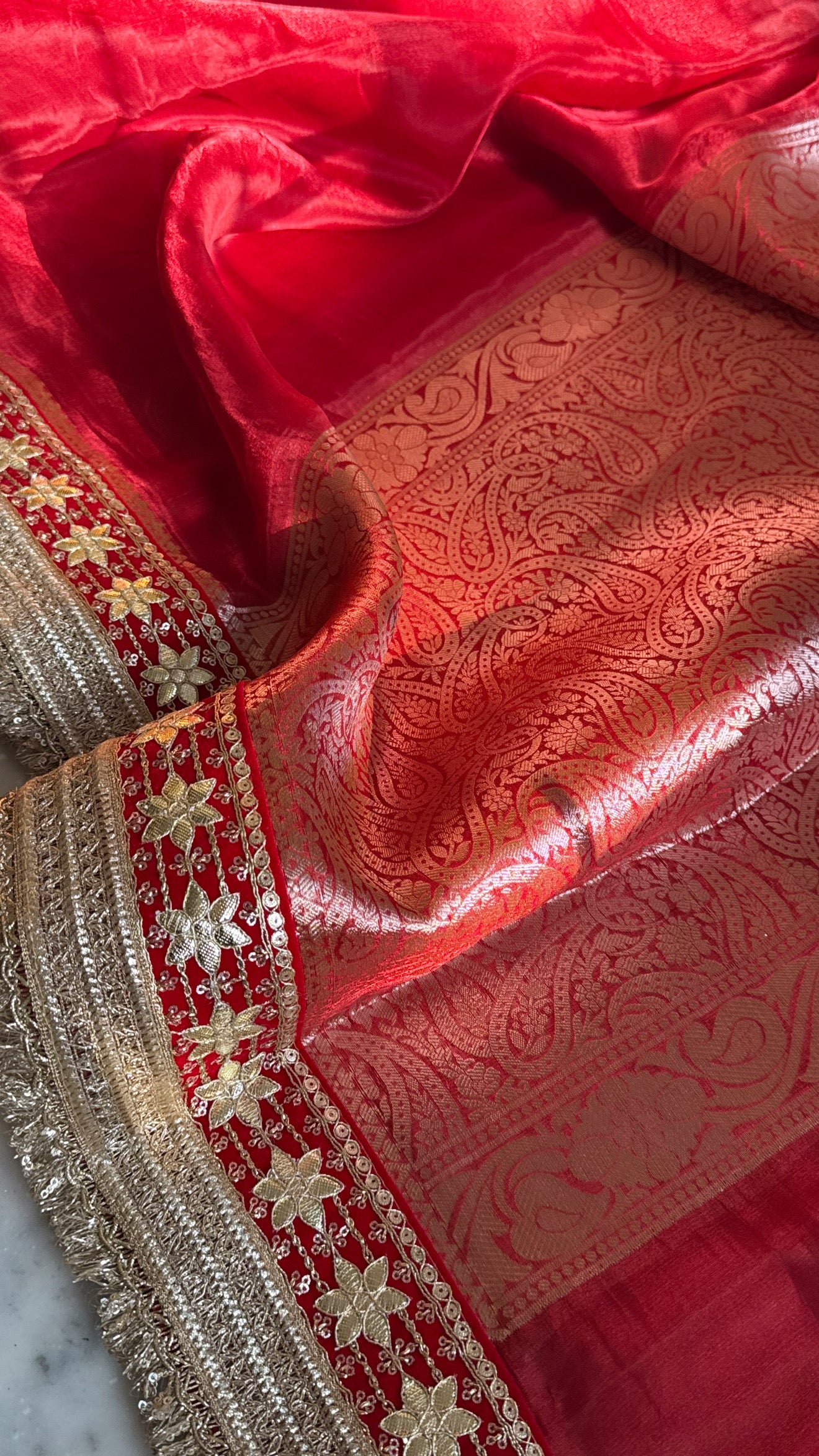 Teej special - Blood red maharani tissue silk gotapatti border saree