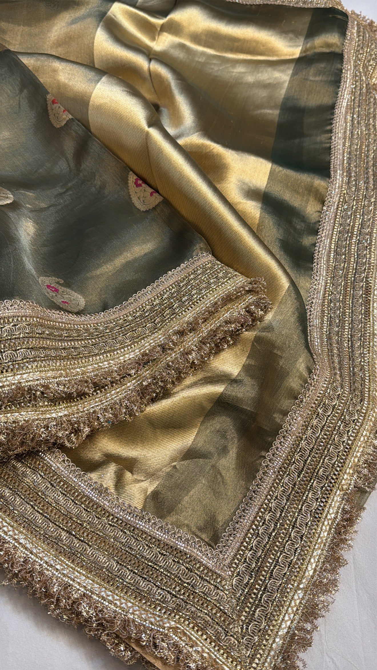 Sage green tissue silk meenakari maharani tissue silk saree