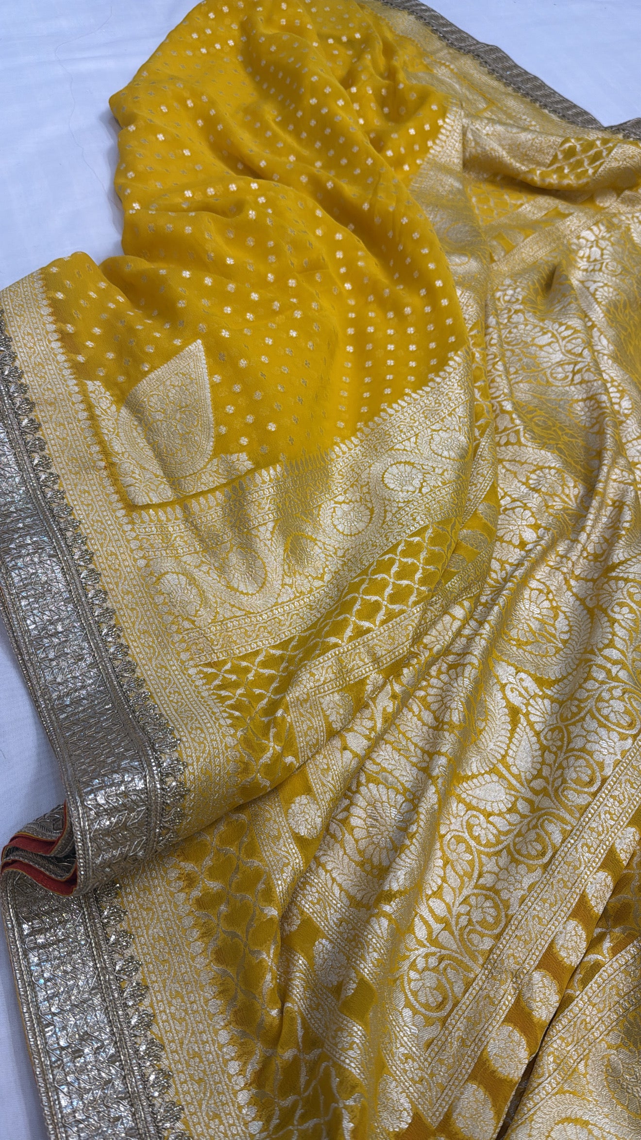 Mango yellow khaddi gorgette kohniya buti pure Banarasi gotapatti saree