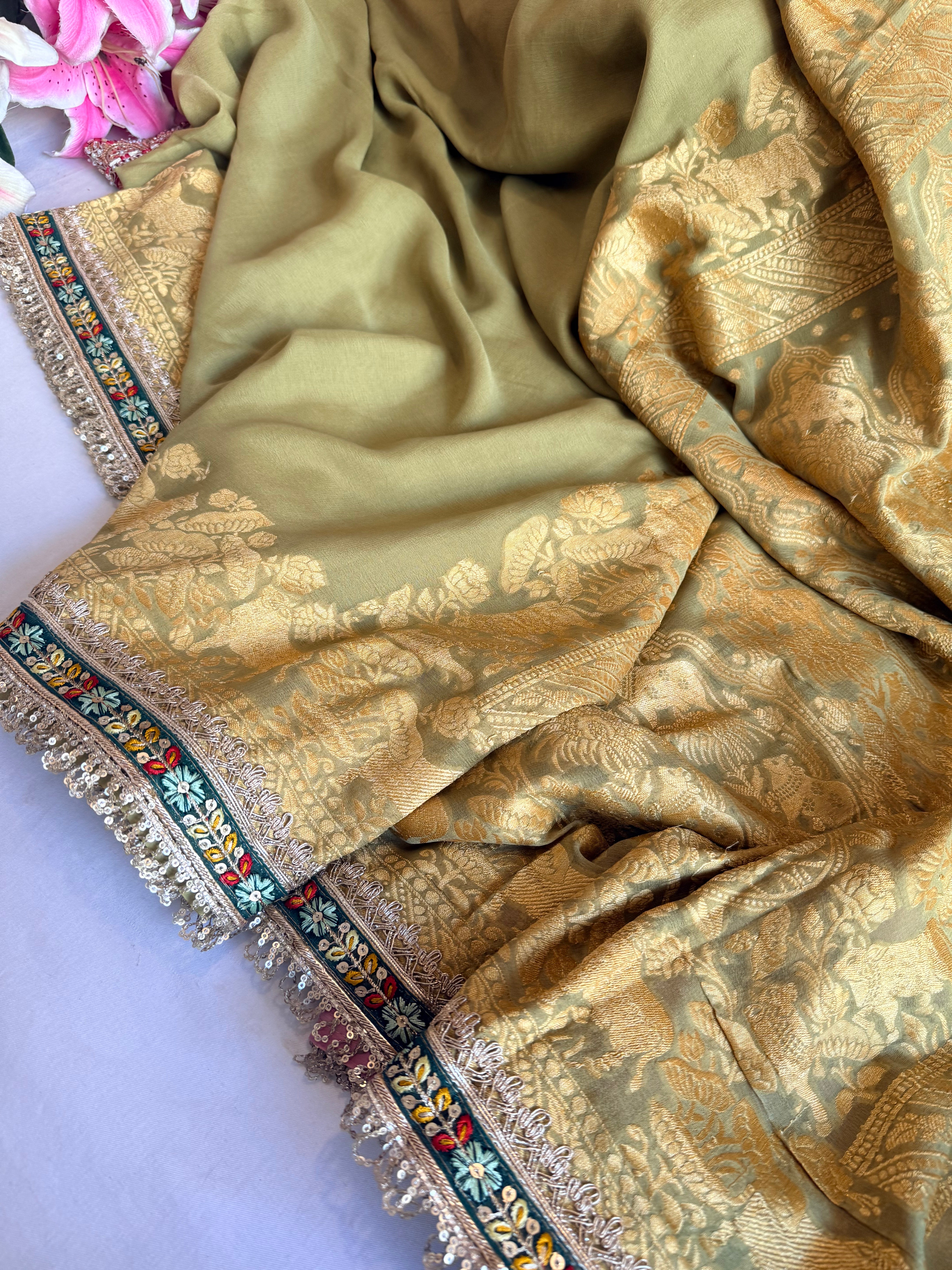 Sage green shikargah kadhwa border chiffon gorgette banarasi saree
