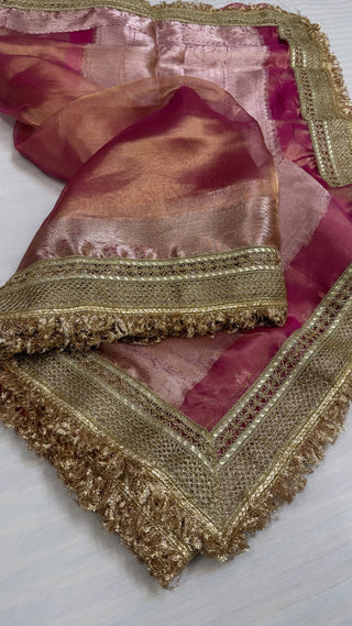 Maharani strawberry pink tissue silk kadhwa saree