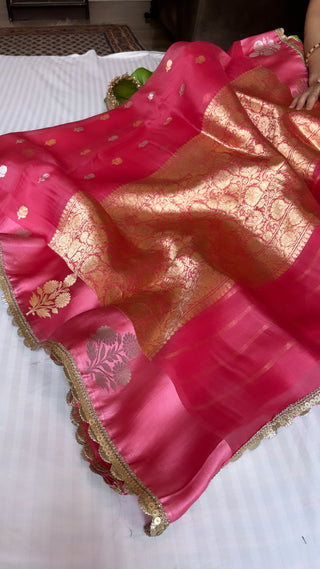 Cranberry pink shade leela kora silk saree with satin borders