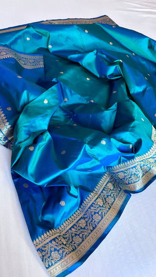 Banarasi royal ink blue dhup chao effect katan kadhwa silk suit set