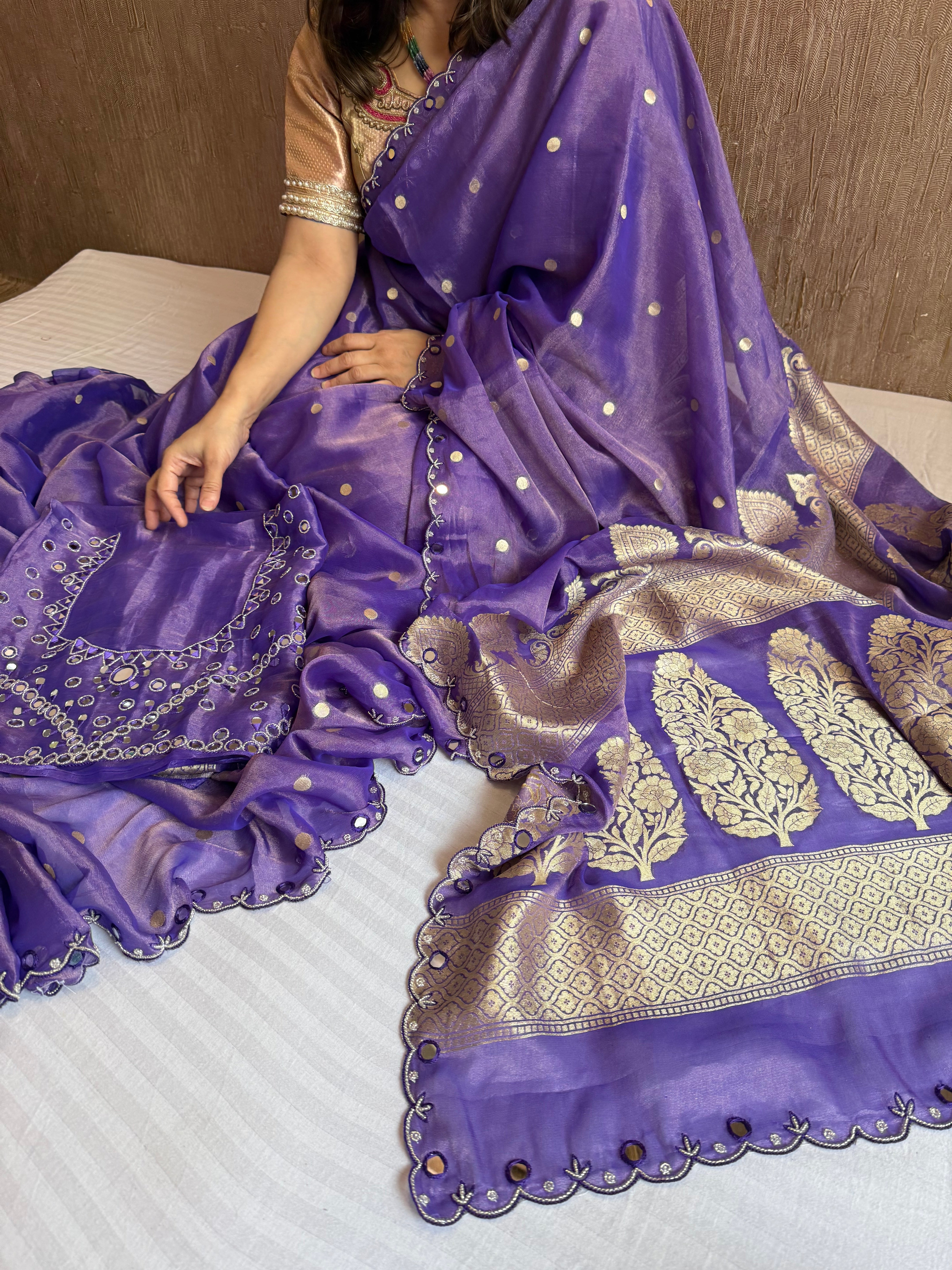 Deep purple tissue gorgette kadhwa mirror work hand embroidered saree