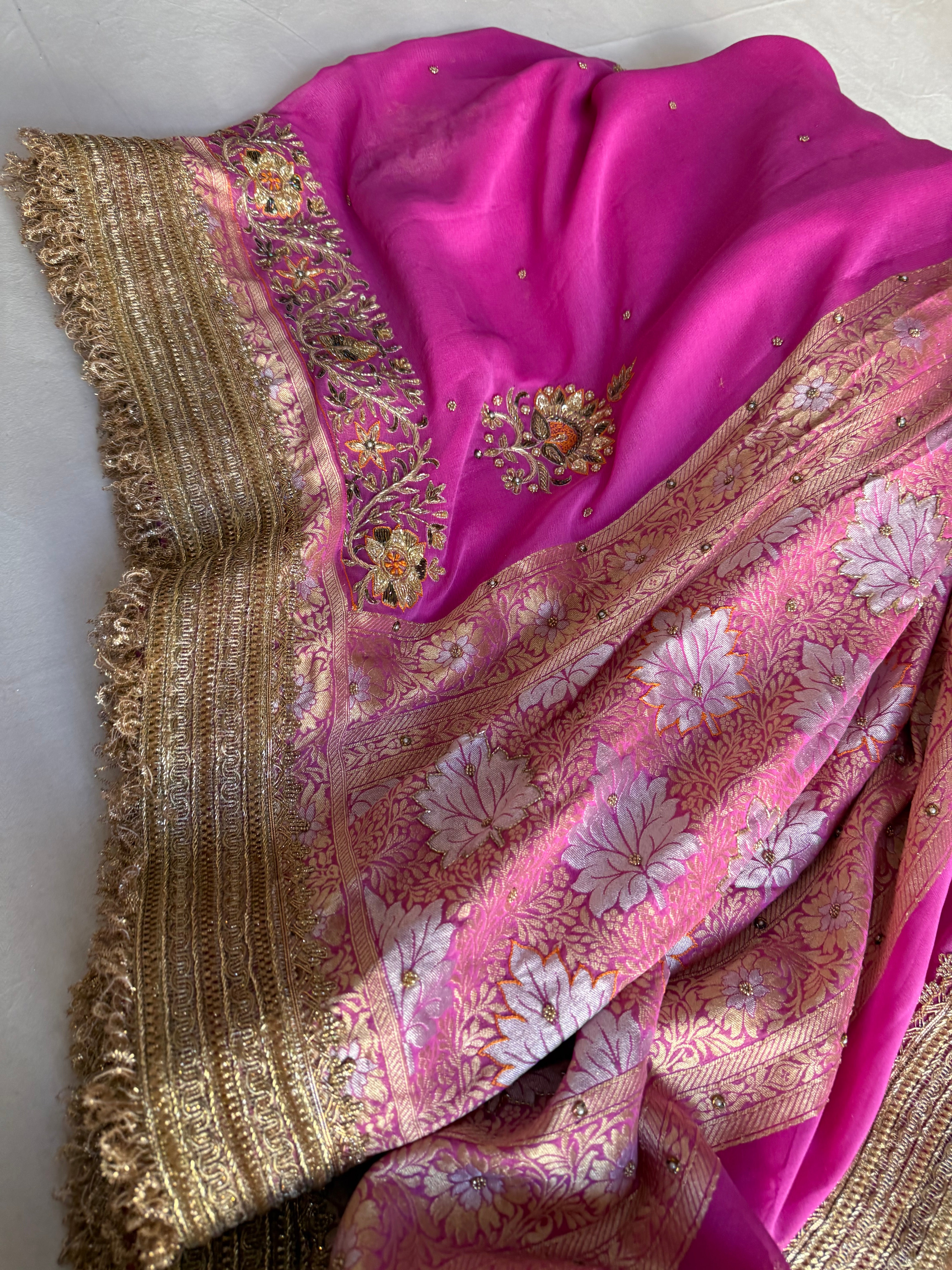 Hot pink gorgette kadhwa hand embroidered sona rupa saree