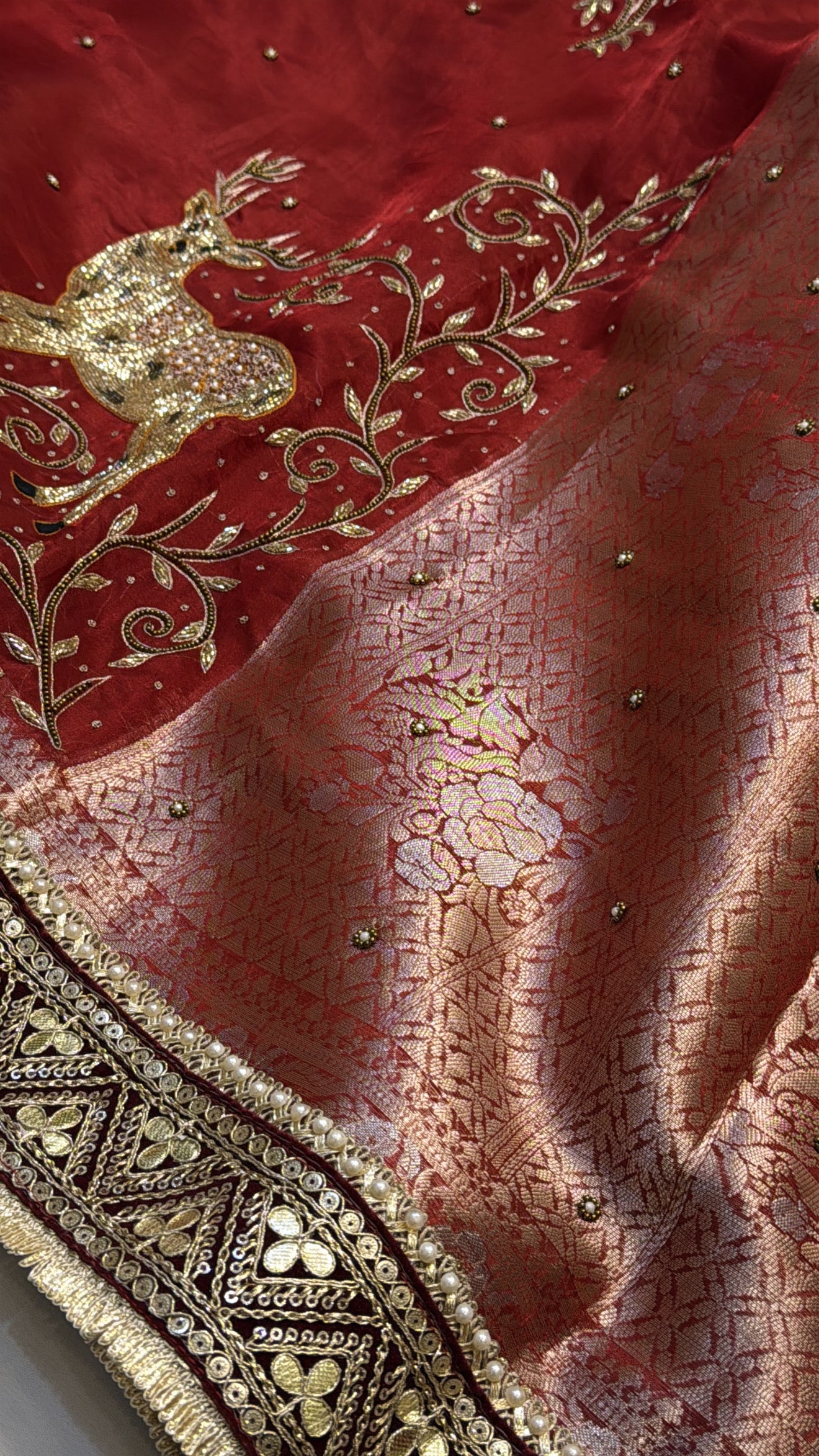 Dulhan ka joda husn red tissue silk hand embroidered kadhwa saree
