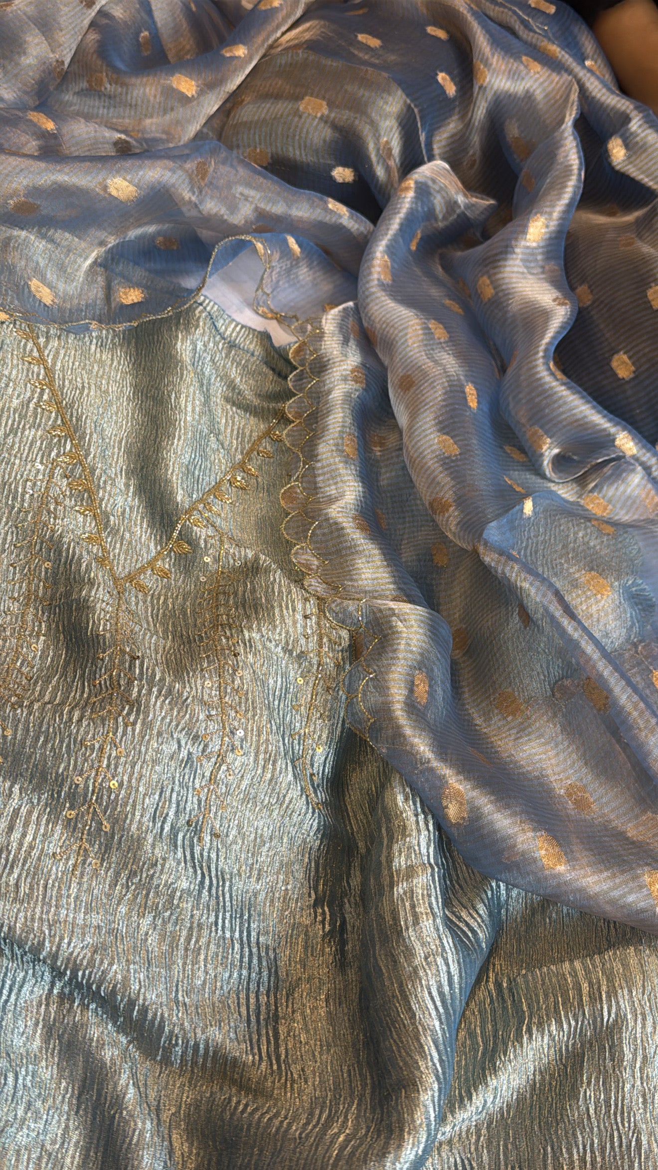 Navy blue crushed tissue silk hand embroidered kadhwa suit set