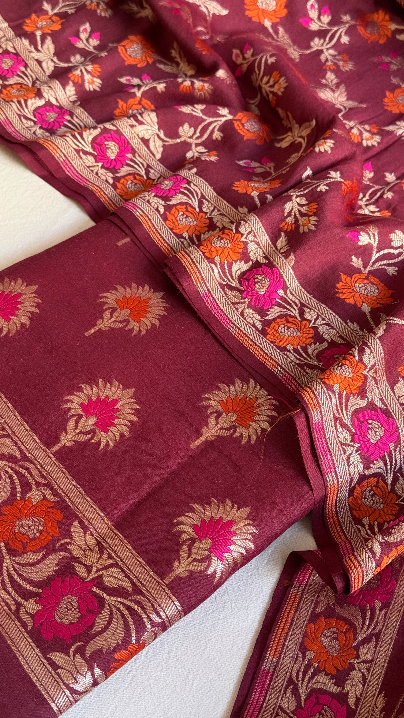 Moonga silk maroonish red meenakari kadhwa jaal suit set