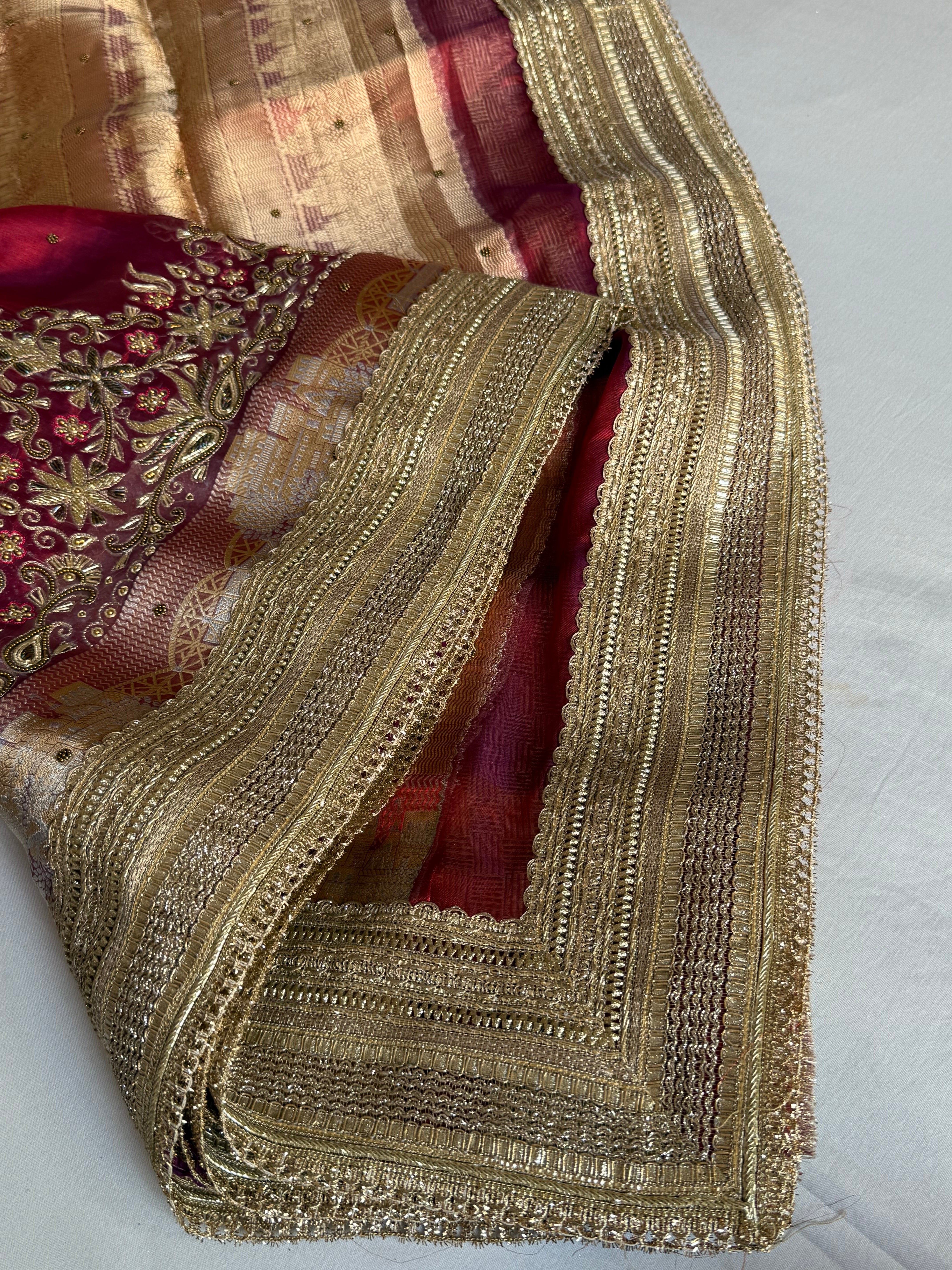 Mughal motif inspired - Metallic dhup chao red tissue silk hand embroidered husn saree