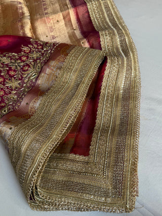 Mughal motif inspired - Metallic dhup chao red tissue silk hand embroidered husn saree