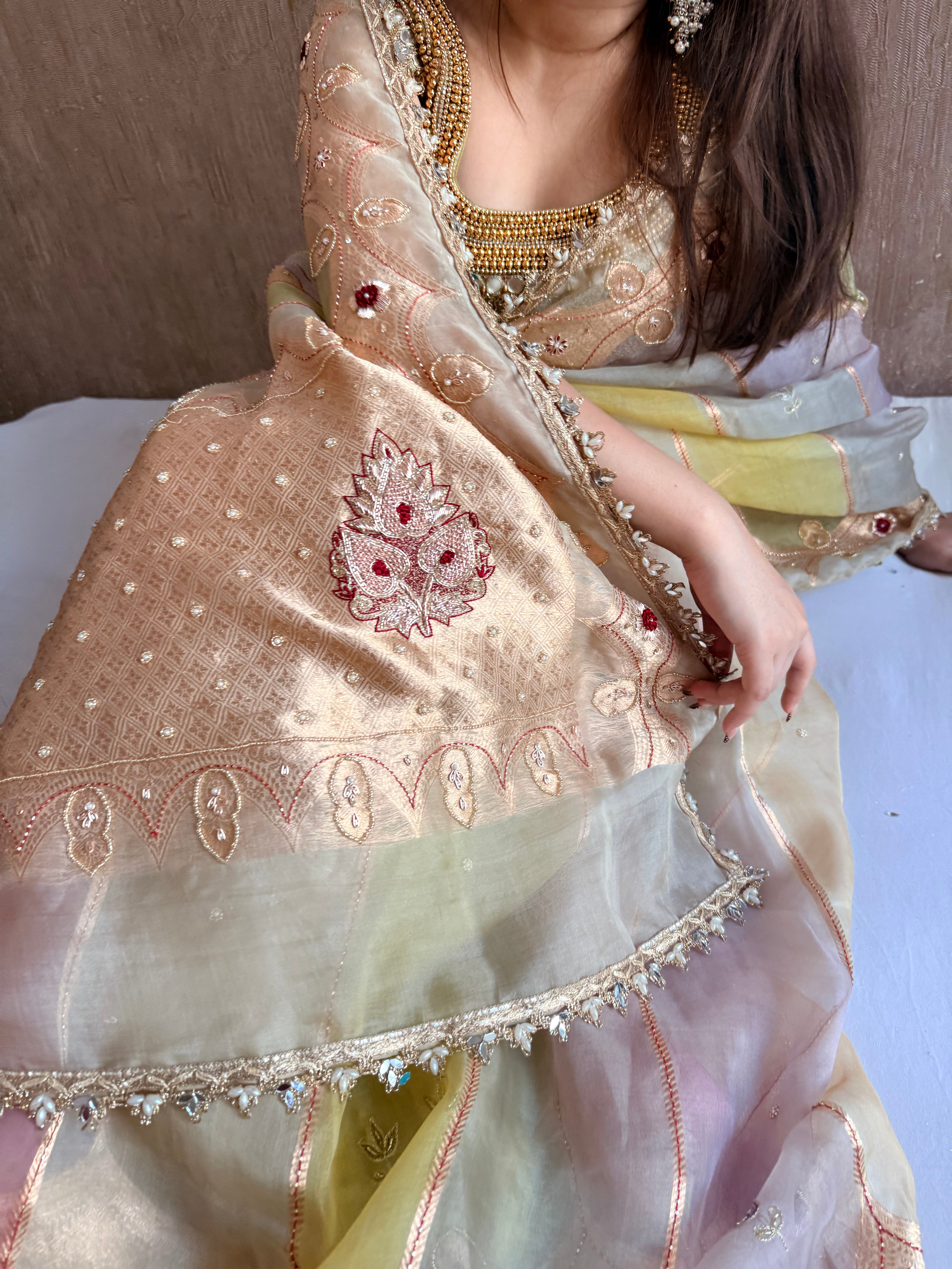 Rang birangi edit - Striped kora silk hand embroidered rangkaat saree