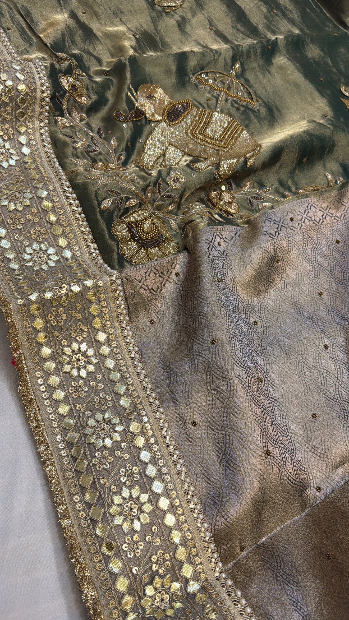 Varmala wali saree - Mint green elephant motif heavy tissue silk hand embroidered saree