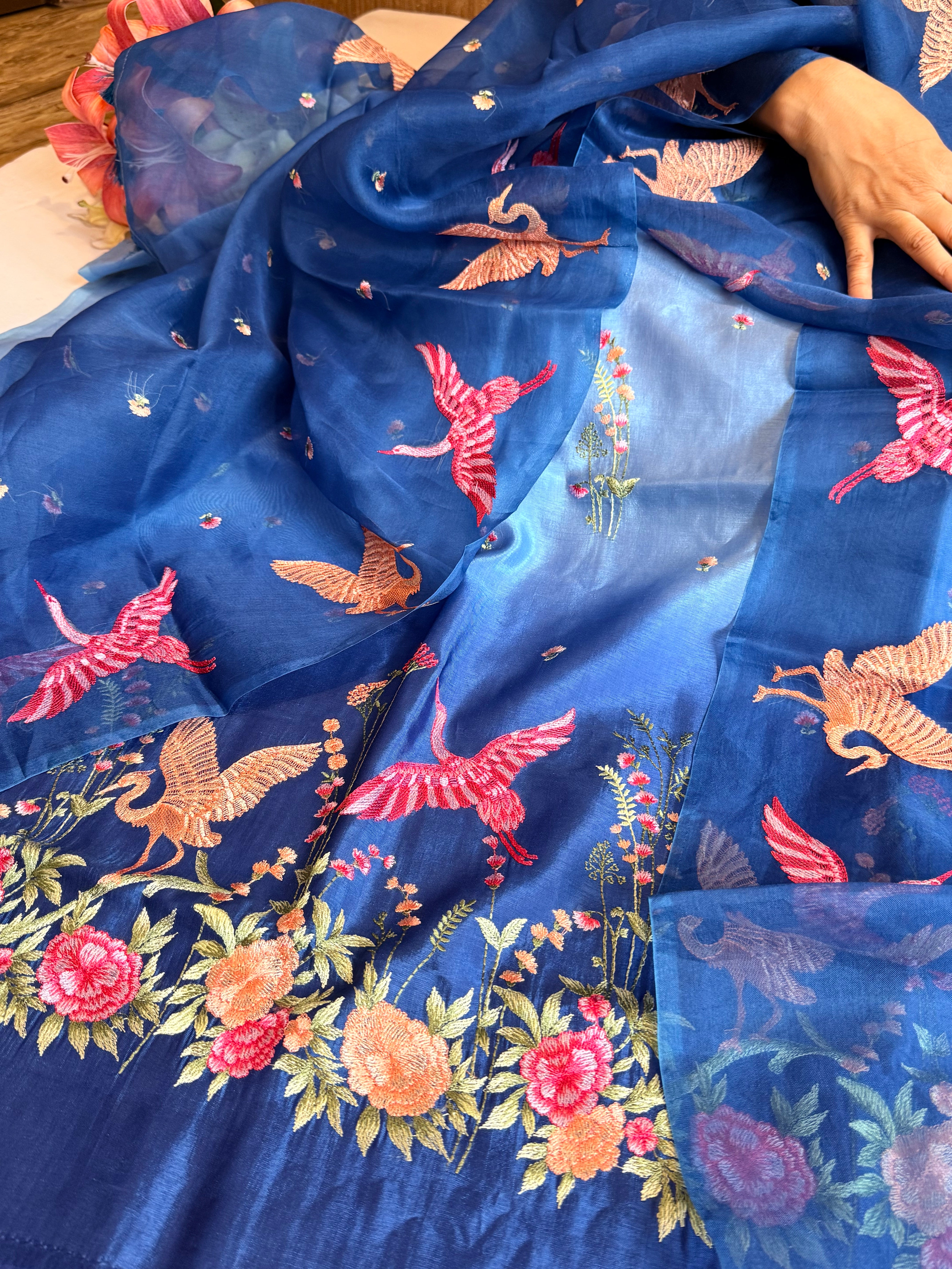 Mango silk flamingo motif hand embroidery suit set